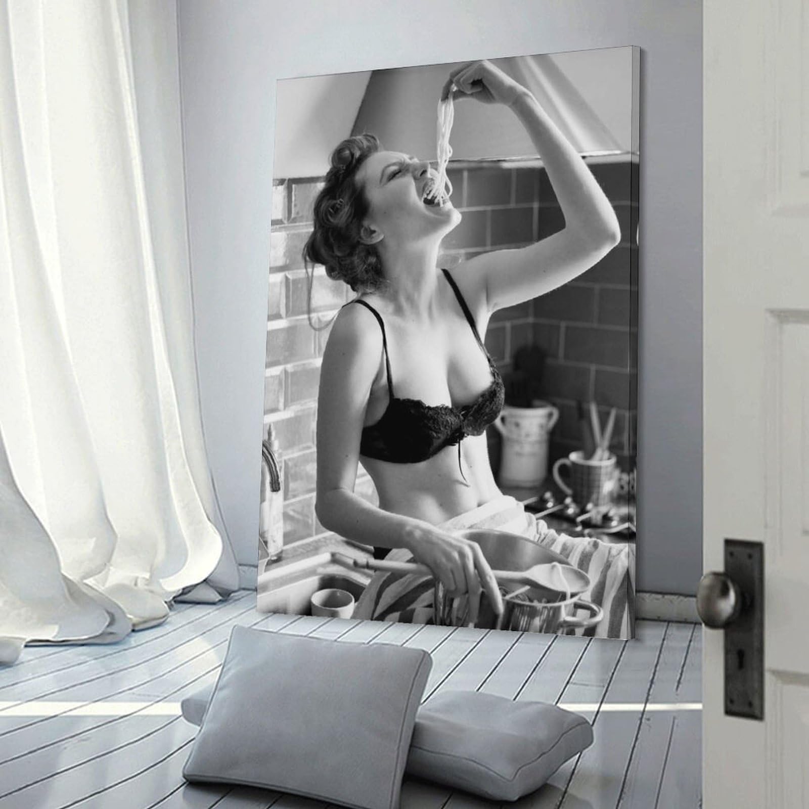 LZTEN Spaghetti Girl Print, Spaghetti Woman Poster, Pasta Time Print, Pasta Moment Poster Scandi Prints, Barilla, Black And White Wall Art Black And White R