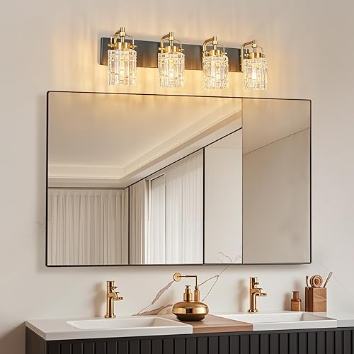 Miniatura 3 de Moderna lámpara de tocador de 4 luces con pantalla de cristal - Lámpara de baño de oro negro
