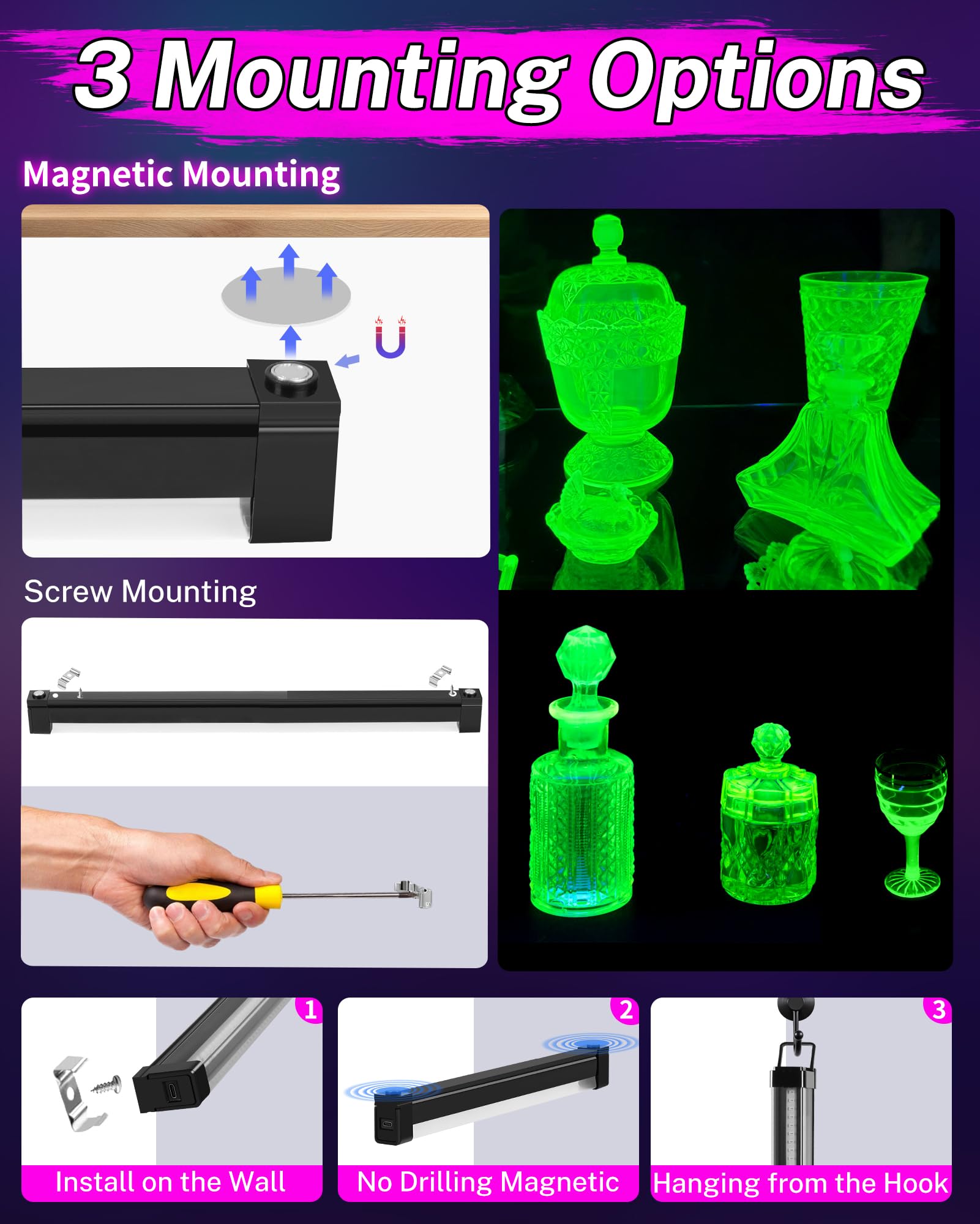 4 Pack Rechargeable Black Light Bar, 5000mAh Large Capacity