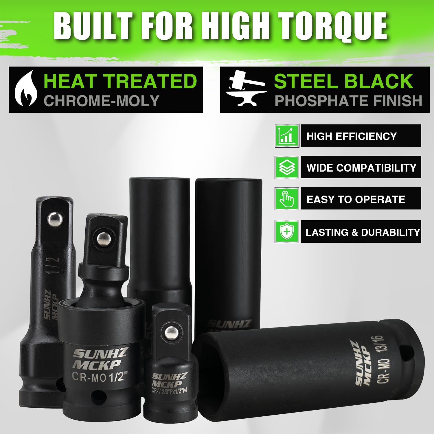 SUNHZMCKP 20 PCS 1/2" Impact Socket Set, Drive Deep 6 Point Socket Set, Including Standard SAE Sockets (3/8" to 1-1/4"), 3 ", 6", 10" Impact Extension Bar and Drill Socket Adapter, Cr-MO