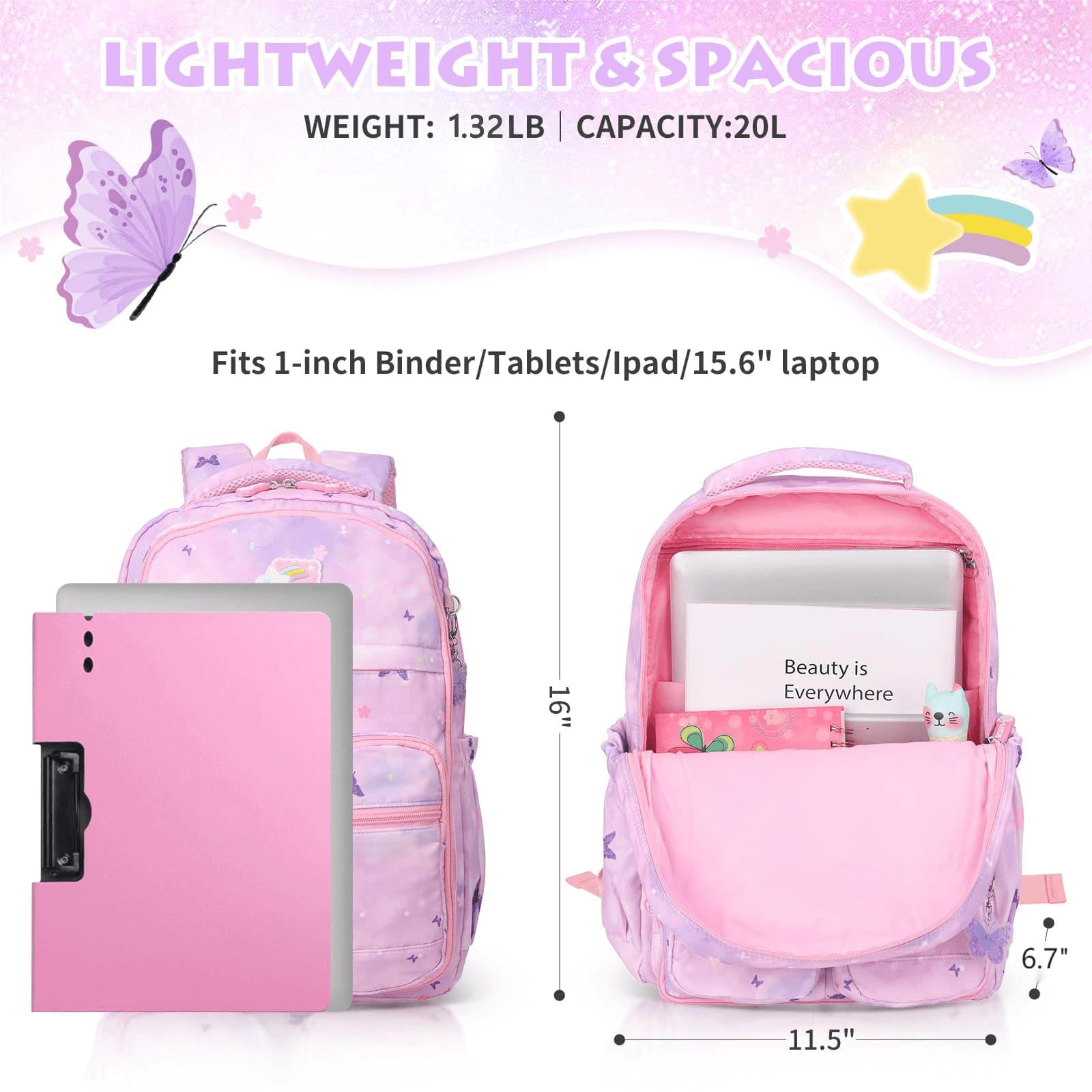 Schulrucksack Mädchen, 43x35x17cm Rucksack Mädchen, Rucksack Kinder Mädchen, Große Kapazität Schulranzen mit Brustschnalle für Kinder 5-10 Jahre Alt