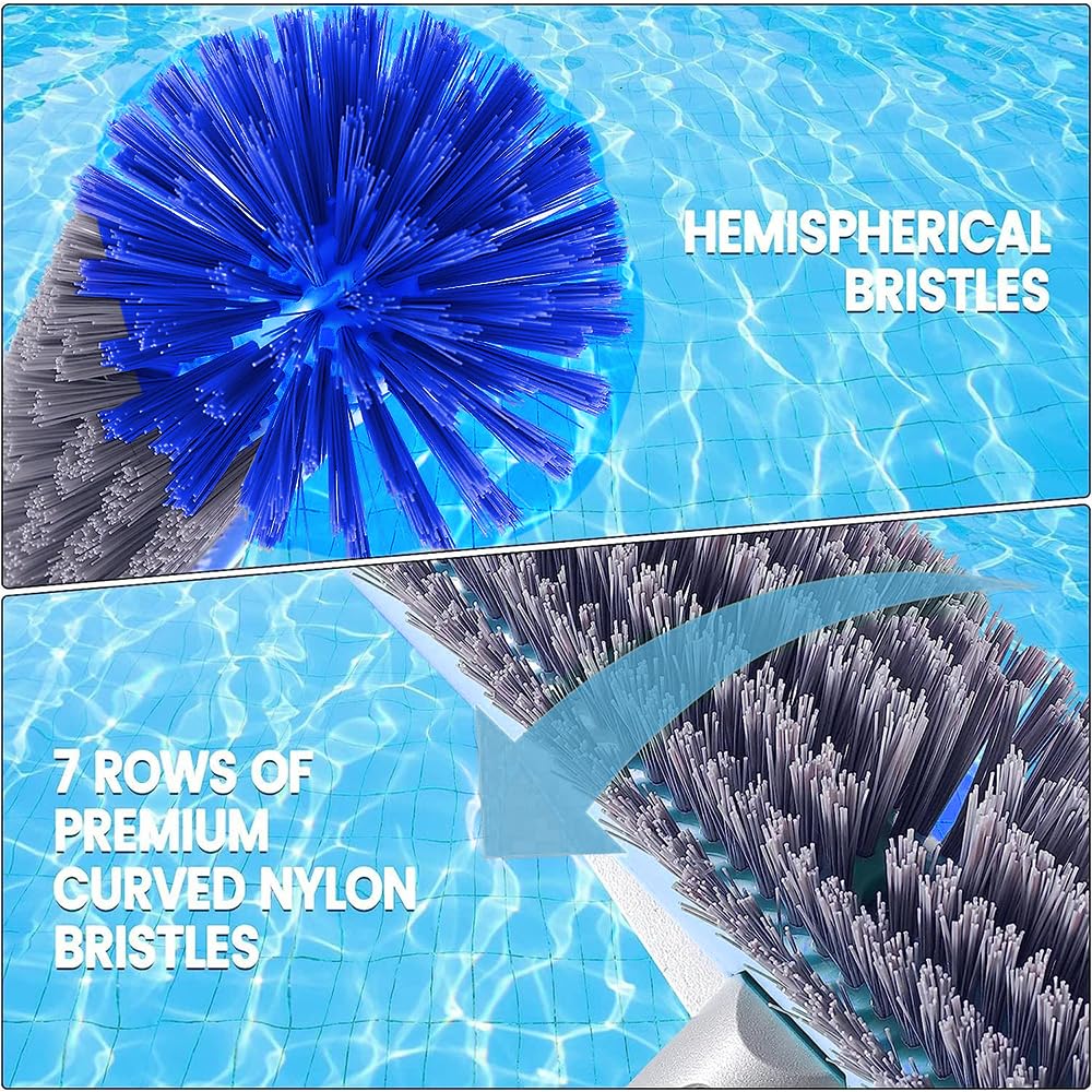 Poolbürste mit Runden Enden,43CM Pool Reinigungsbürste mit Längenverstellbarer Aluminiumstange und Erstärkter Metall Rückseite,Reinigungsbürste für Pool,Robuuste Borstel(Blau)