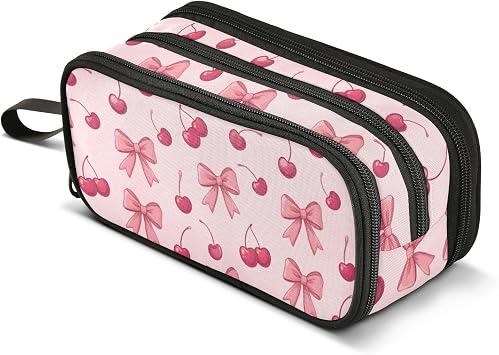 Wusikd Pencil Case Large Capacity Cherry Bows Pencil Pouch Storage Pouch Desk Organizer Stationery Makeup Bag Marker Big Pink Pen Case for Teen Boys Girls School Students