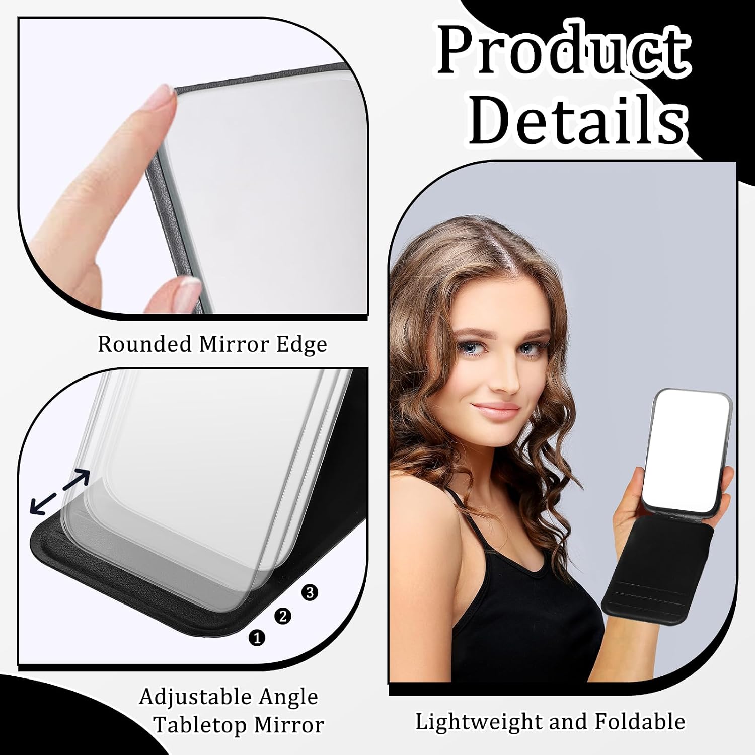 Foldable Travel Mirror Small, PU Portable Adjustable Folding Makeup Mirror for Pocket Purse Small Mirrors with Adjustable Stand, Standed Pocket Mirrors for Women Travel Camping Purse, Good for Gift