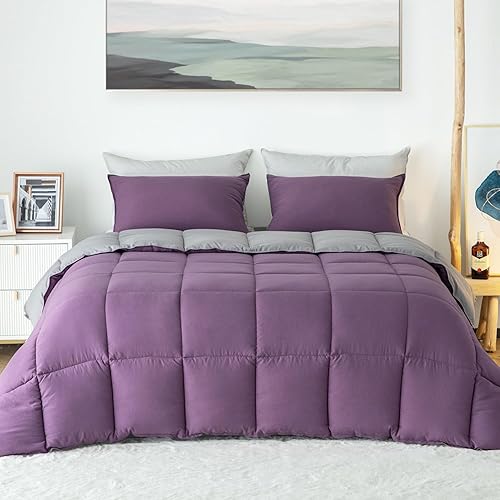 KASENTEX Juego de edredón morado ultrasuave de fácil lavado, tamaño Queen, estampado de uvagris gaviota