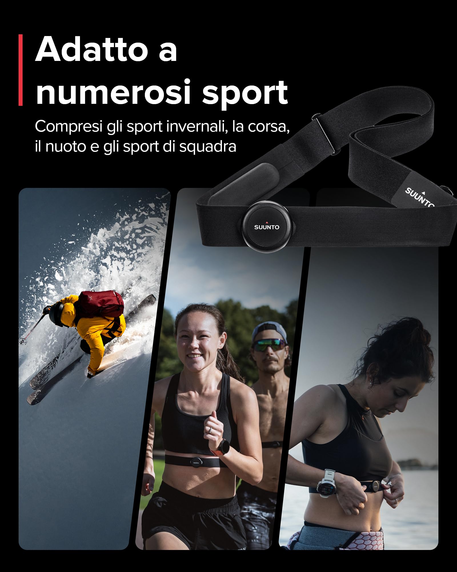 Suunto Smart Fascia cardio con batteria di lunga durata per molti sport diversi, Nero