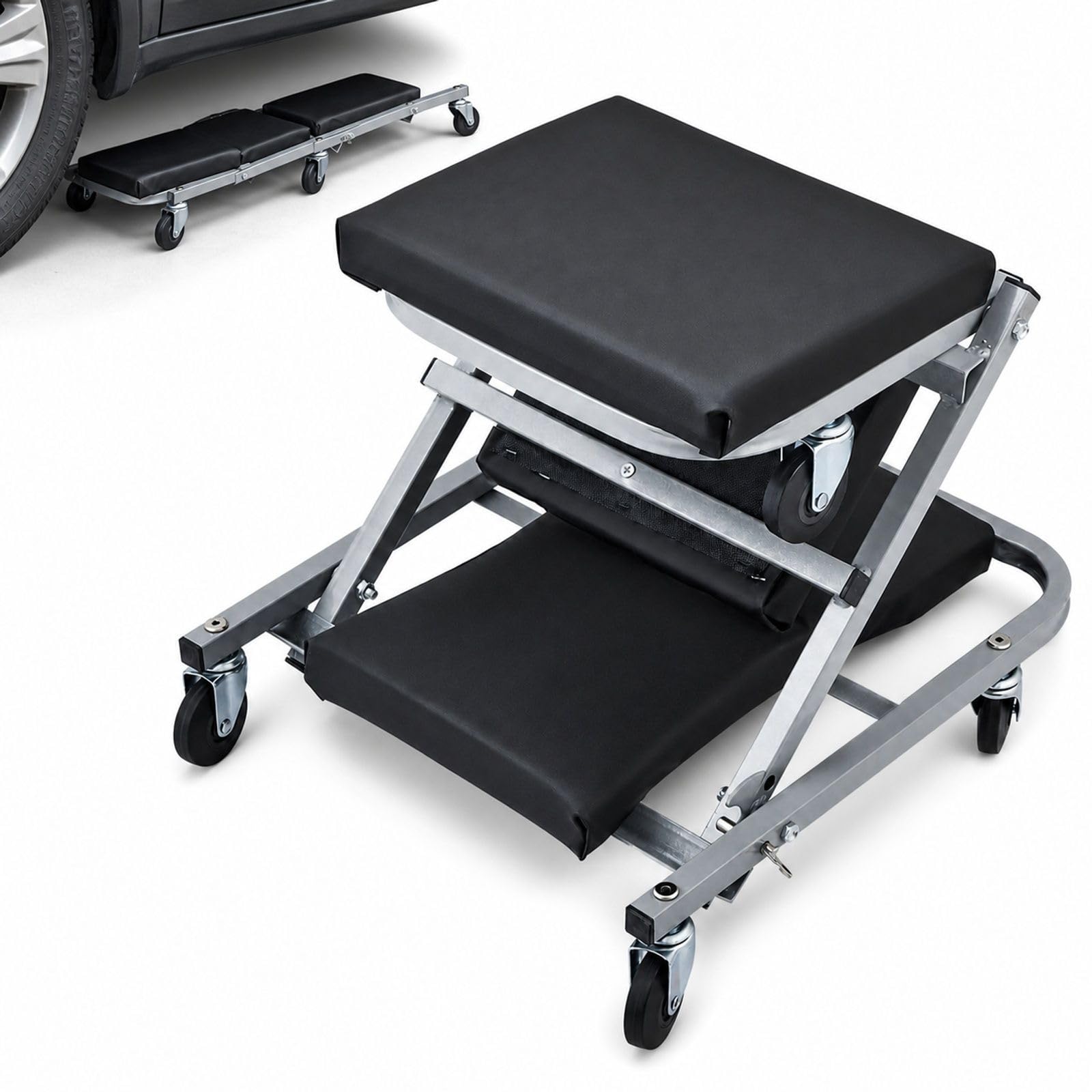 Chariot de Visite mécanicien 2 en 1 et Tabouret d'atelier Pliable avec 6 Roues pour Garage et réparation Automobile