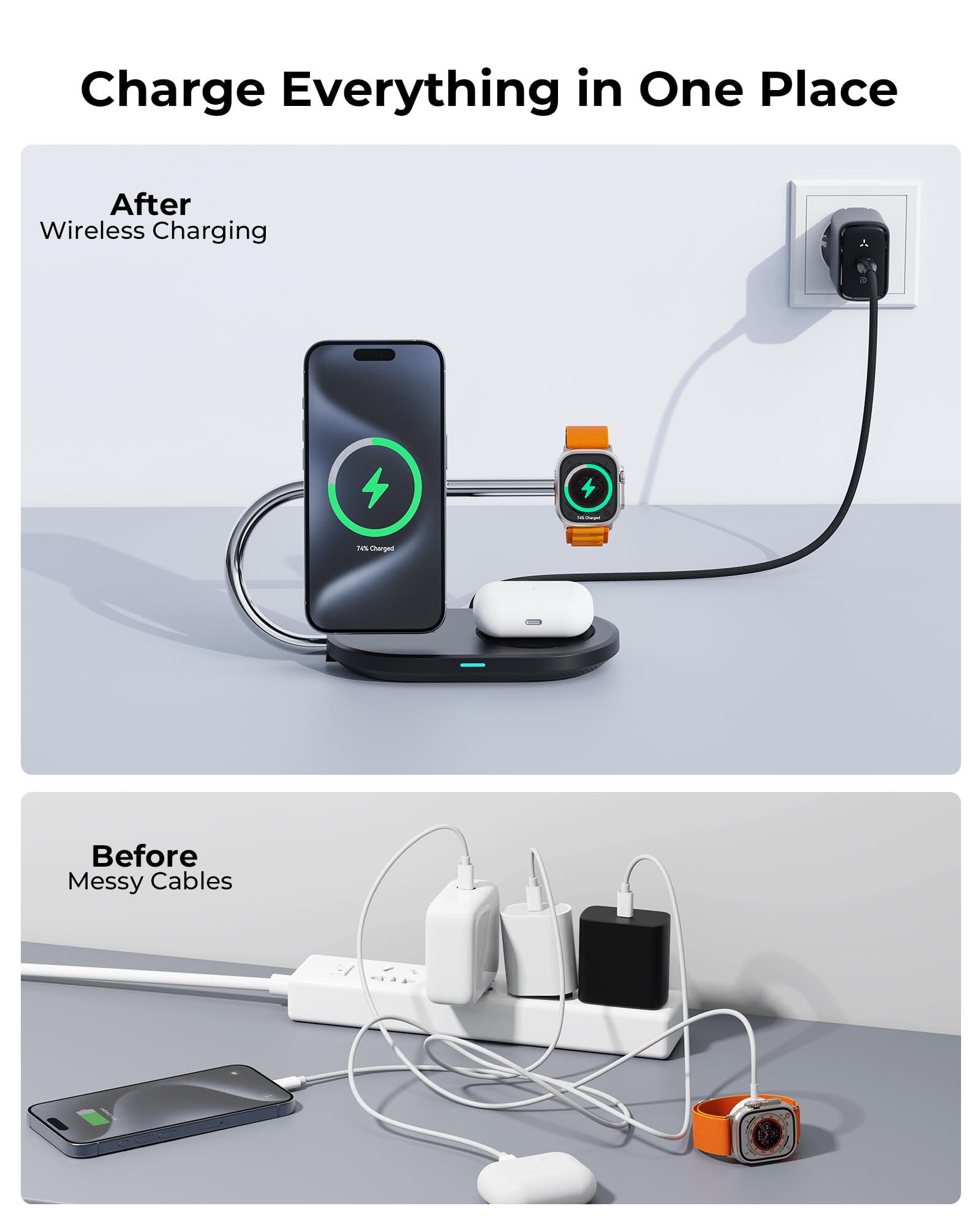 VOLTME MagPak 3 en 1 Cargador Inalámbrico, 15W Base de Carga Plegable de Viaje Qi2, Recarga Rápida Compatible con iPhone 16 15 14 13 Pro MAX Airpods iWatch y Otros, Incluye 40W USB-C Cargador y Cable