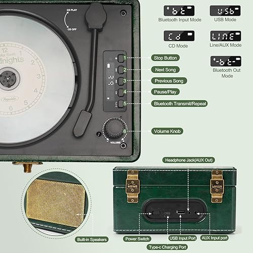 Miniatura 6 de Reproductor de CD recargable retro con altavoces mejorados, transmisión inalámbrica Bluetooth, reproductor de música portátil, Boombox, verde oscuro