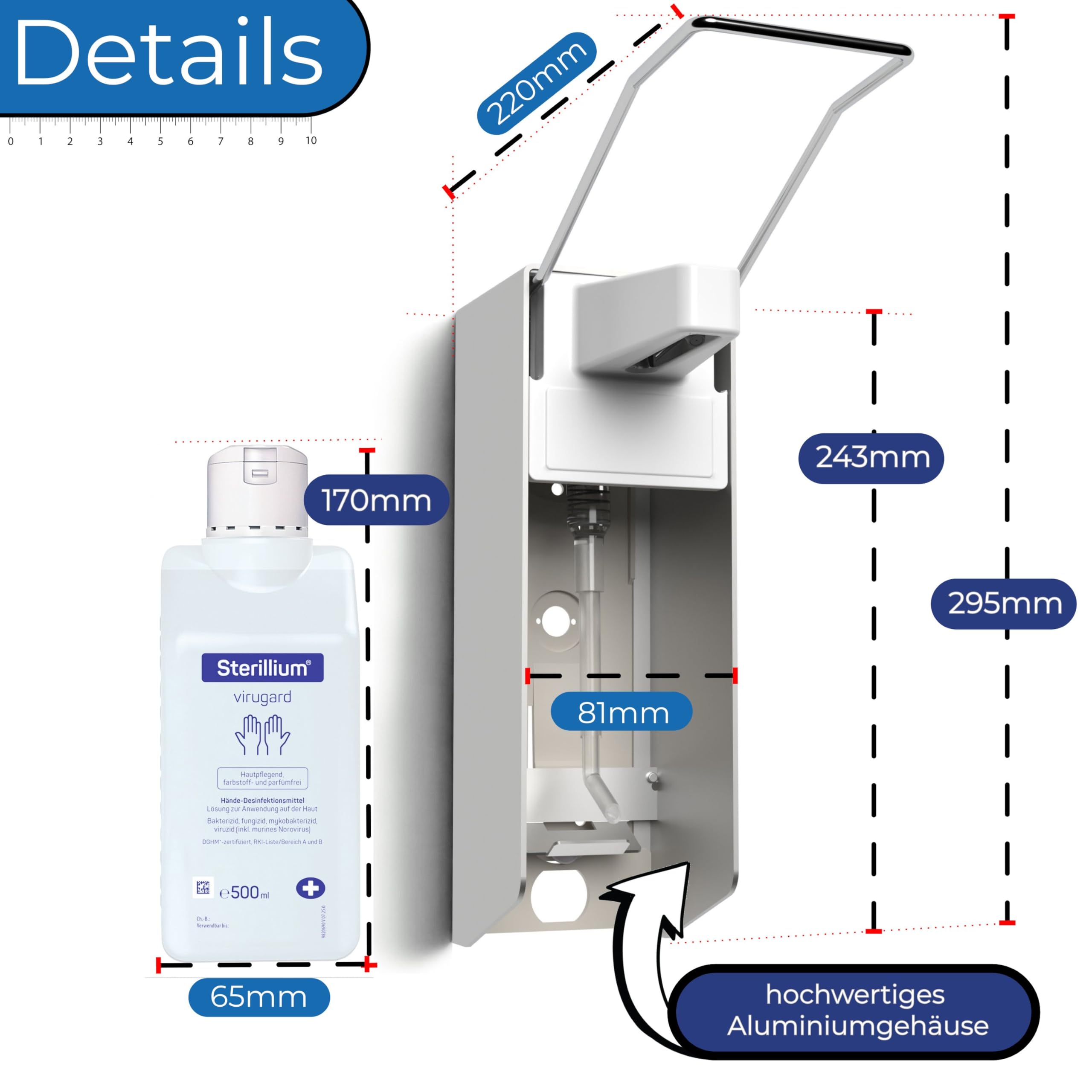 Desinfektionsspender/Seifenspender/Langarm-Wandspender aus Aluminium Starterset mit Sterillium Virugard Händedesinfektionsmittel (1)