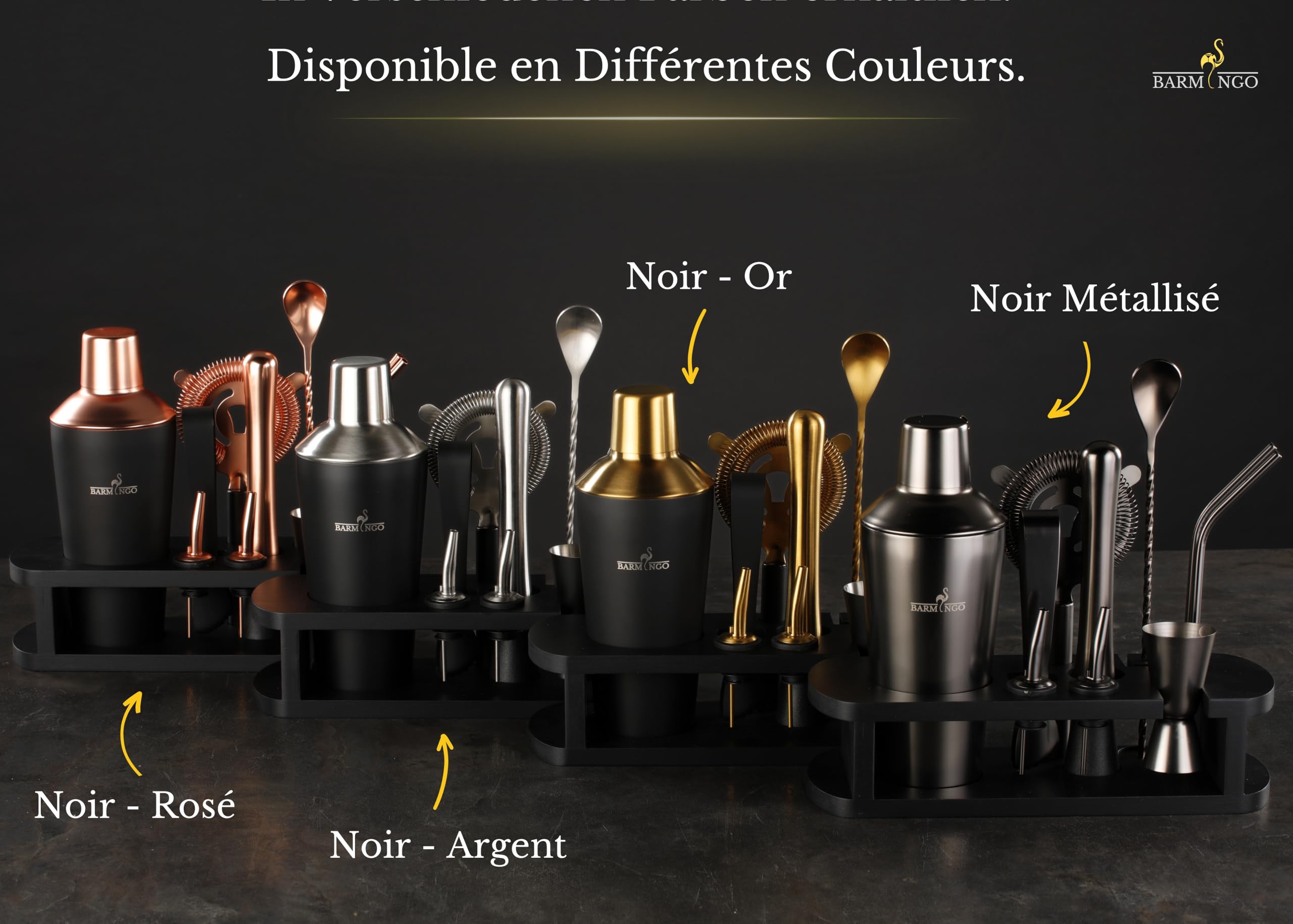 Shaker Cocktail Kit | 11 Pièces, Volume de 700 ML, Noir - Or | Shaker Cocktail INOX avec Support et Accessoires de Bar | Set Barman Cocktail Shaker | Kit Cocktail Professionnel