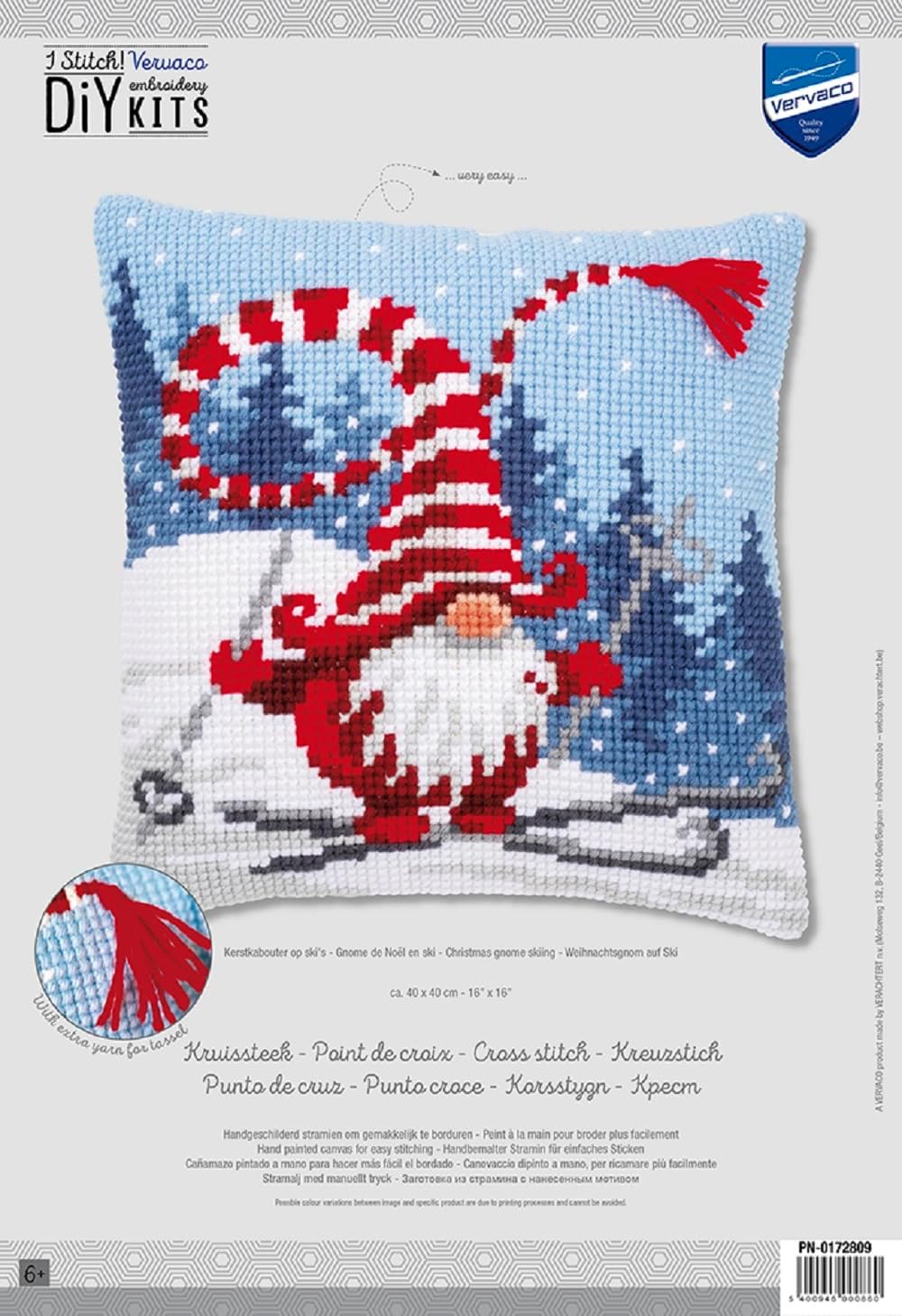 Vervaco Cross Stitch Christmas Embroidery Kits Pillow Front for Self-Embroidery with Embroidery Pattern on 100% Cotton, 15,75 x 15,75 Inches - 40 x 40 cm, Christmas Gnome Hat