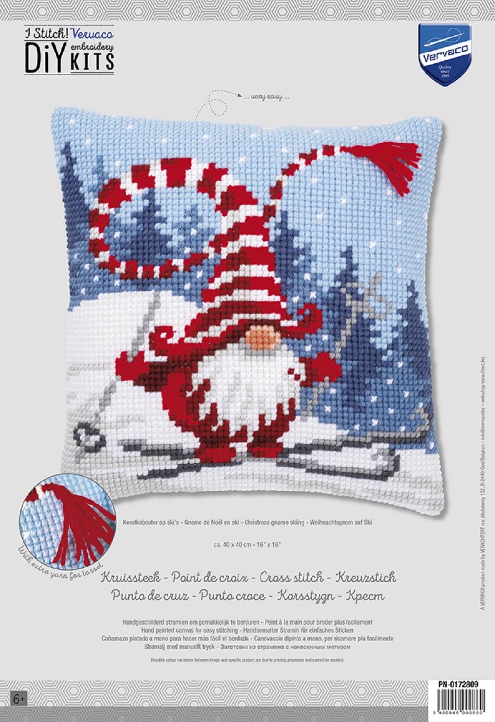 VERVACO Punto De Cruz Kit Cojin Decorativo DUENDE DE NAVIDAD EN ESQUÍ Manualidades Adultos Decoracion Bordar Kit Principiantes Completo DIY Bordado Creativo Regalo ca. 40x40 cm Cross Stitch