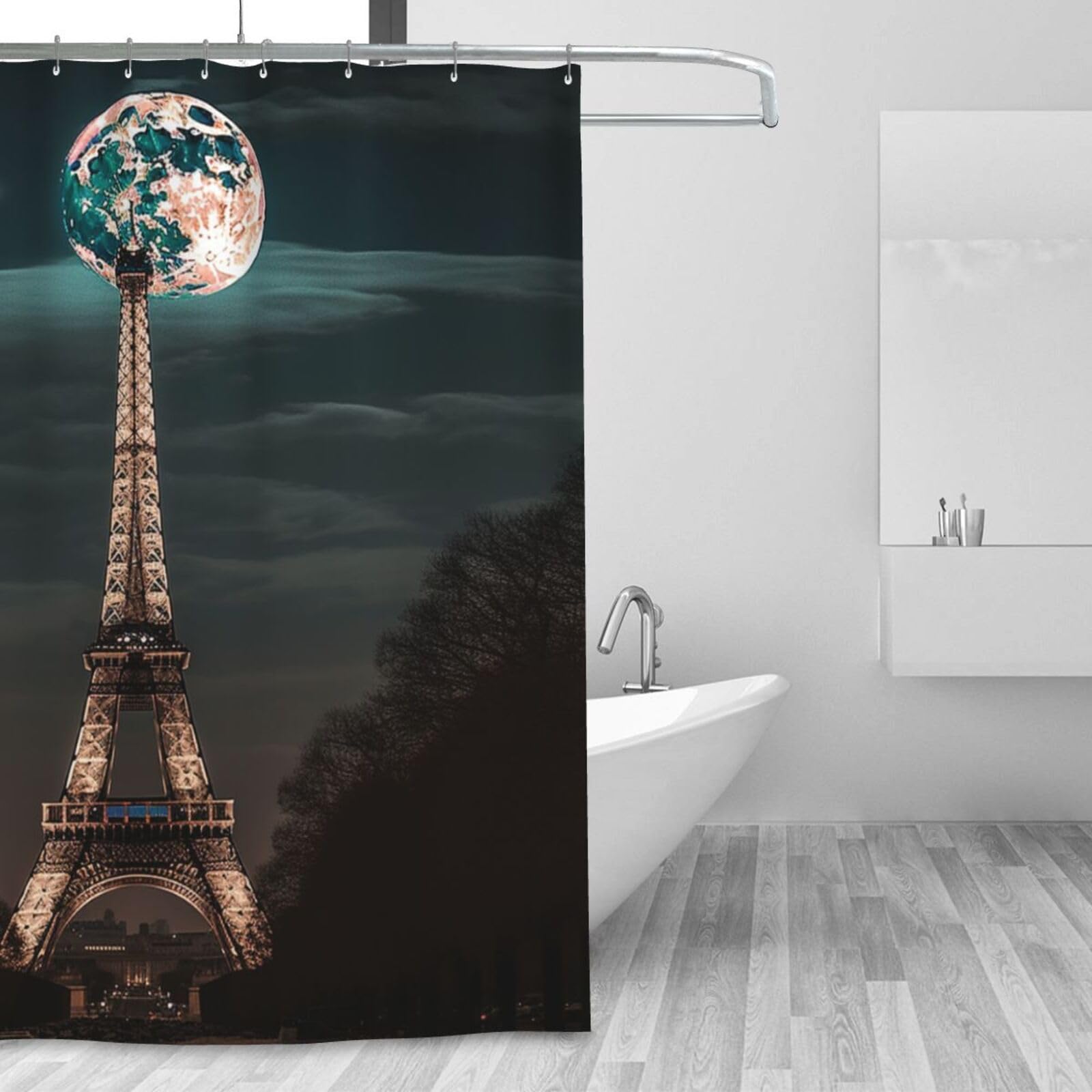 Rideau de douche imperméable et lavable motif Paris avec 12 crochets