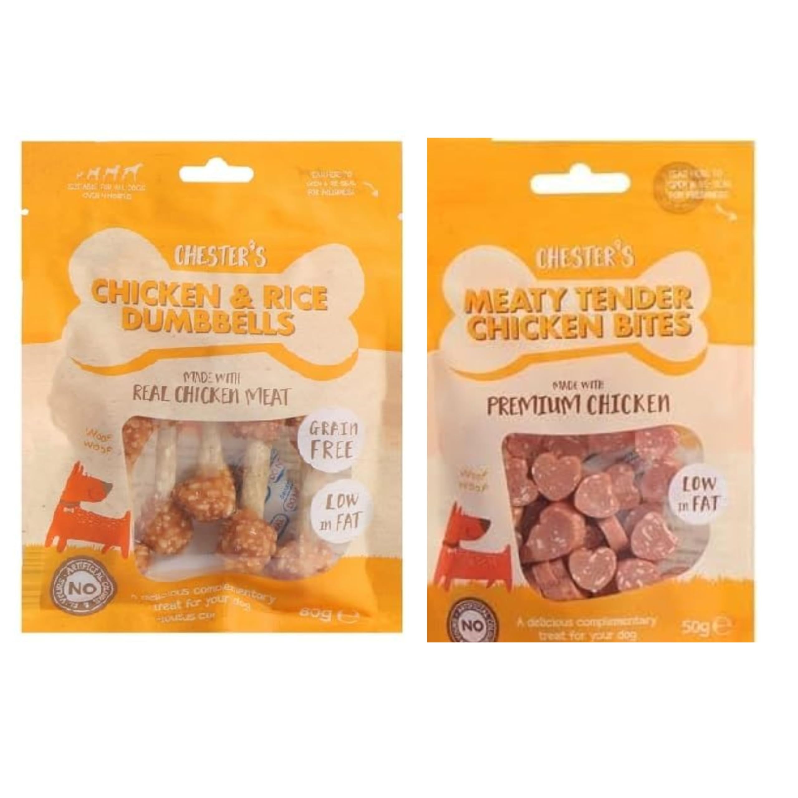 Chesters Meaty – High-Protein Dog Treats, No Artificial Additives, for Training and Snacking (Chicken & Rice Dumbbells & Chicken Bites)