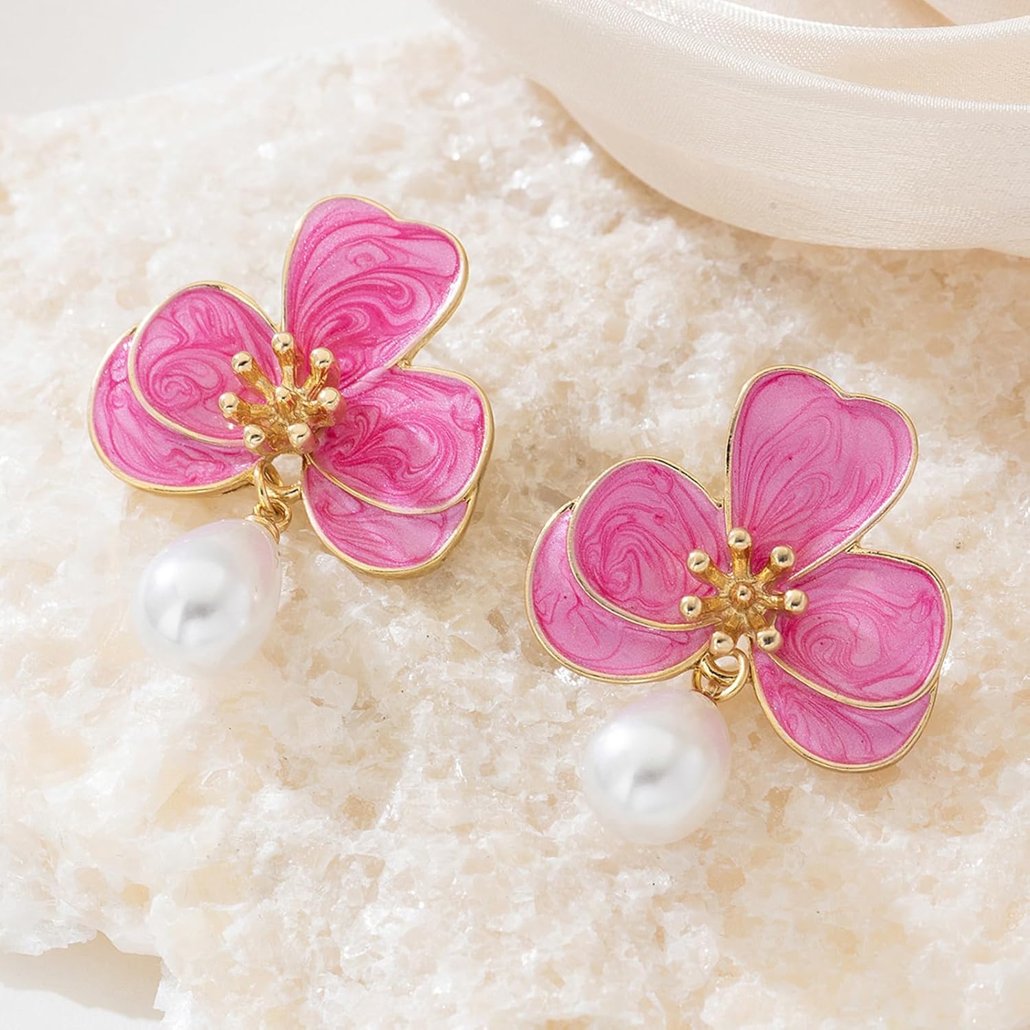 Flower Earrings for Women Pearl Statement Drop Dangle Earrings Pink Blue Orange Flower Stud Earrings Wedding Party Statement Floral Jewelry - Image 4