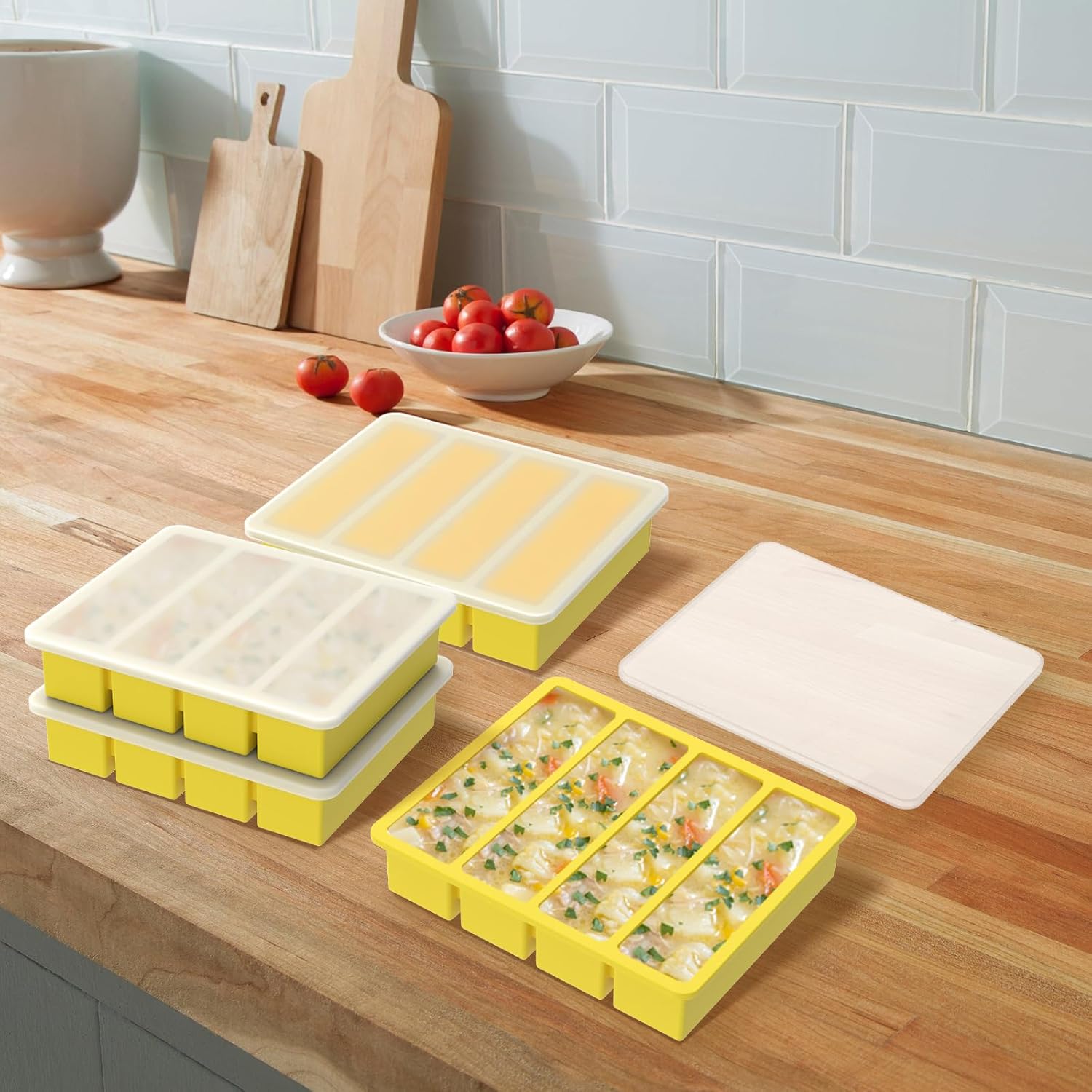 4 Pcs Silicone Freezer Trays with Lid Easy Release Silicone Food Freezer Tray Multipurpose Ice Cube Tray for Freezing Soup Sauce Leftovers