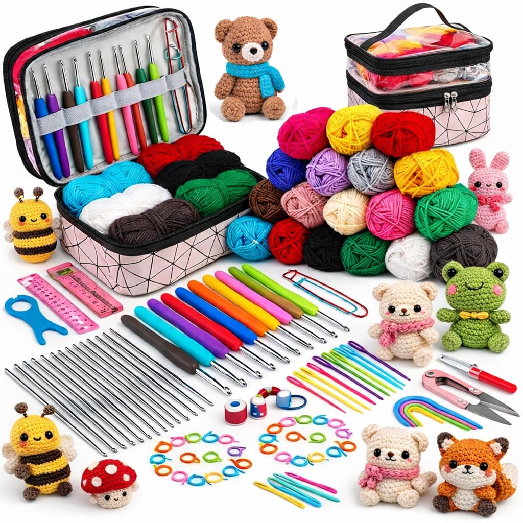 Ganchillos Crochet Kit Principiantes 105 Piezas- Manualidades Adultos Ganchillo Kit Crochet Principiantes Premium- Incluye 18 Ovillos de Lanas, Agujas Crochet, Marcadores, Hilo Crochet, Tijeras...