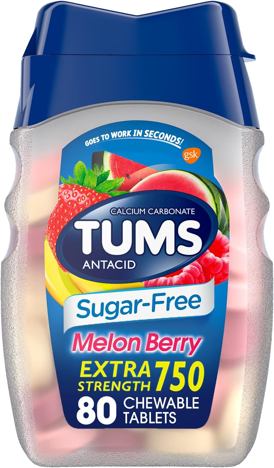 TUMS Extra Strength Chewable Sugar Free Antacid Tablets for Heartburn Relief, Melon Berry - 80 Count