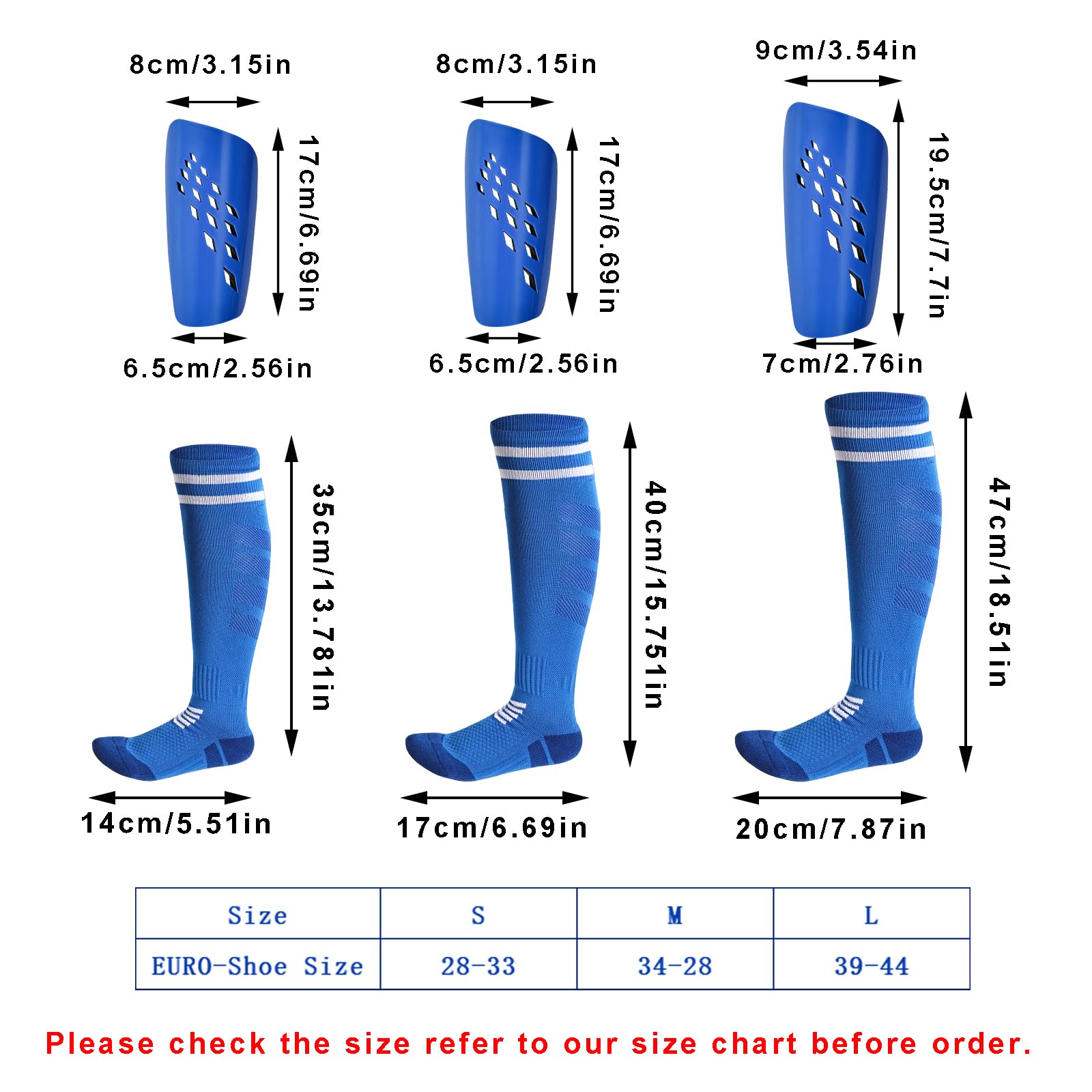 Topbuti 2 Pairs Soccer Shin Guards for Kids Youth Adults, Shin Pads and Long Soccer Socks for 3-15 Years Old Boys Girls, Protective Gear Soccer Equipment for Football Games (Large, Black, Blue)