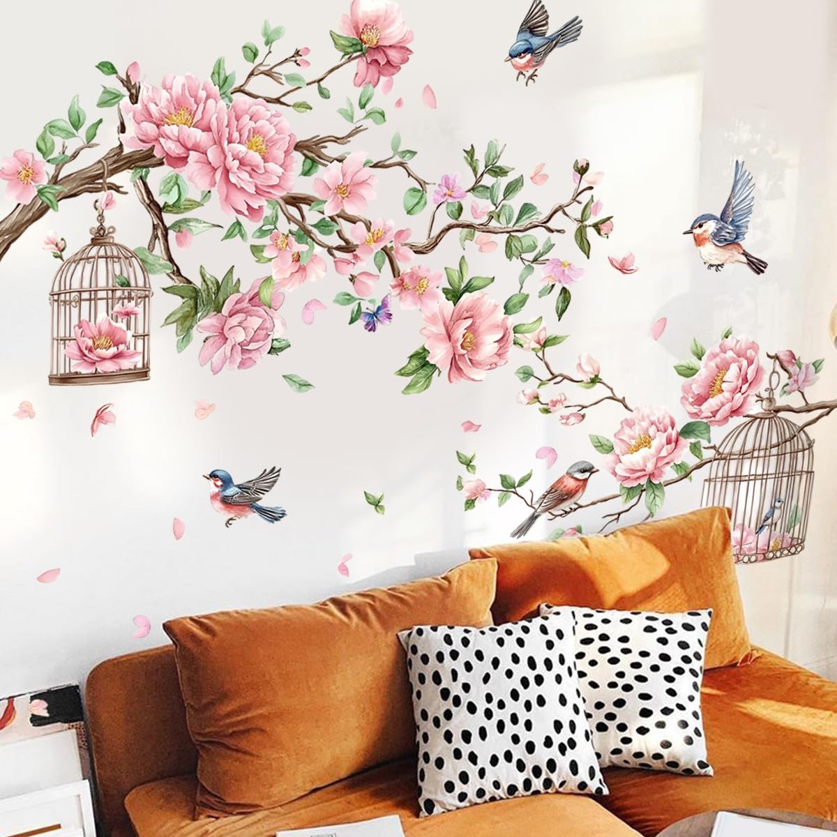 Rosa Kirschblüten Wandtattoo mit Vögeln und Vogelkäfigen, großer floraler Wandaufkleber, 150 x 125 cm