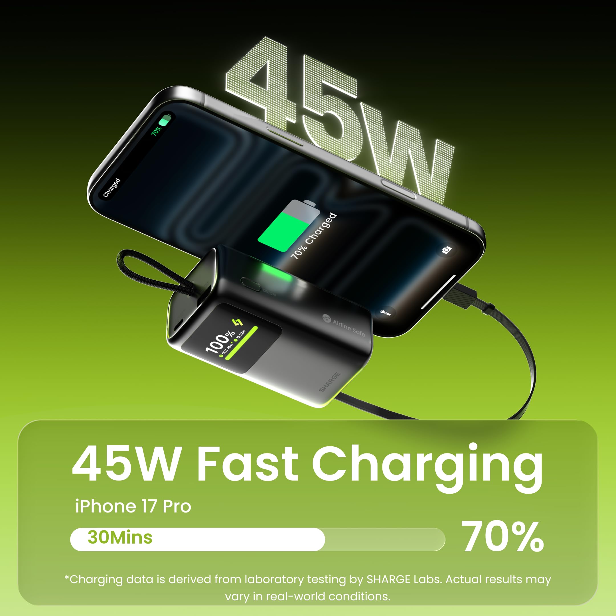 sharge Banco de energía retráctil de 45 W, cargador portátil de 10000 mAh con cable USB-C integrado, batería de carga rápida con pantalla inteligente para iPhone 17/16/15, iPad, MacBook Air