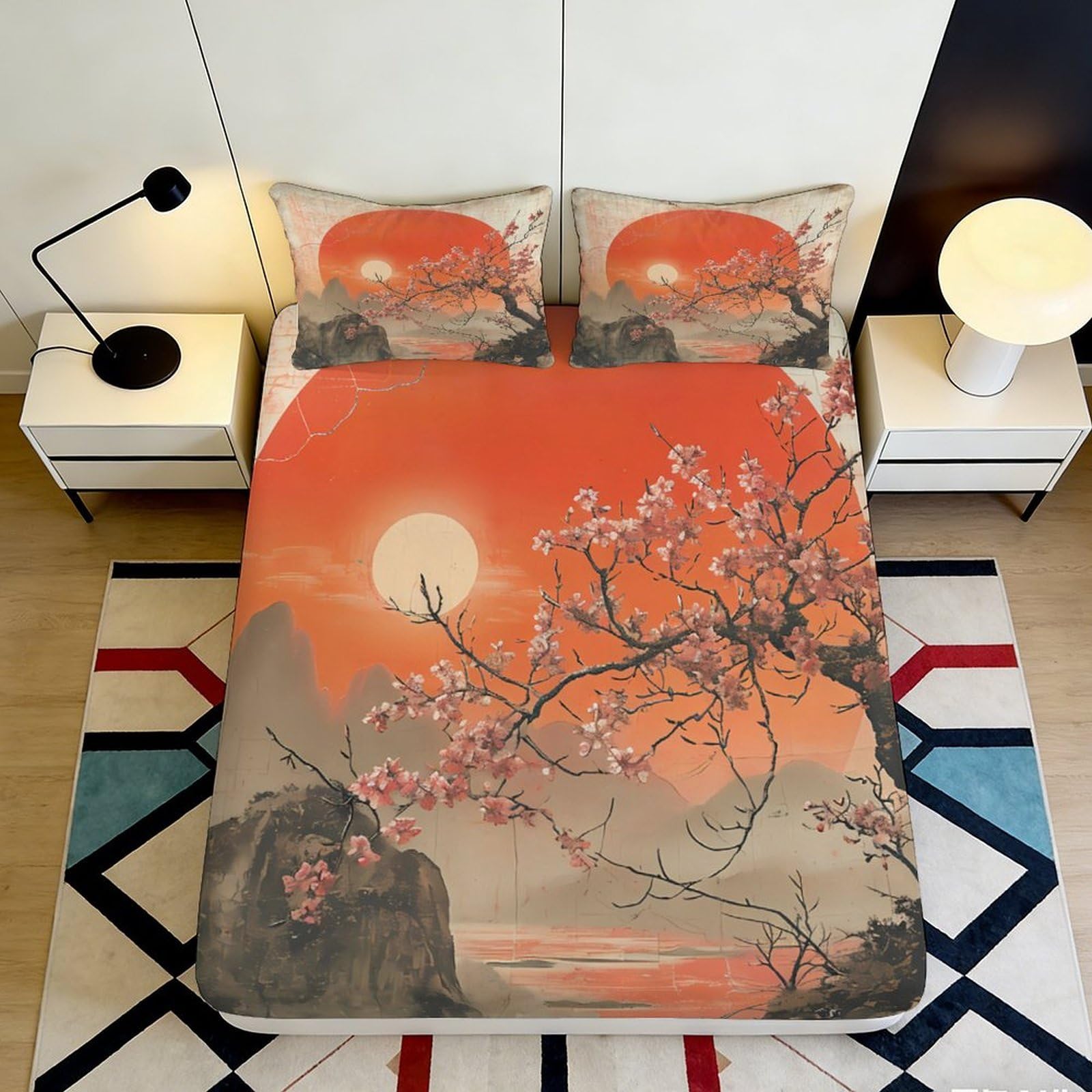 Pnayamiorkfel Style-6 3D Printed Sakura Sunset Fitted Sheet Microfiber Soft Orange Mountain Mattress Cover For Bedroom Guest Room Decor 90X200x25cm