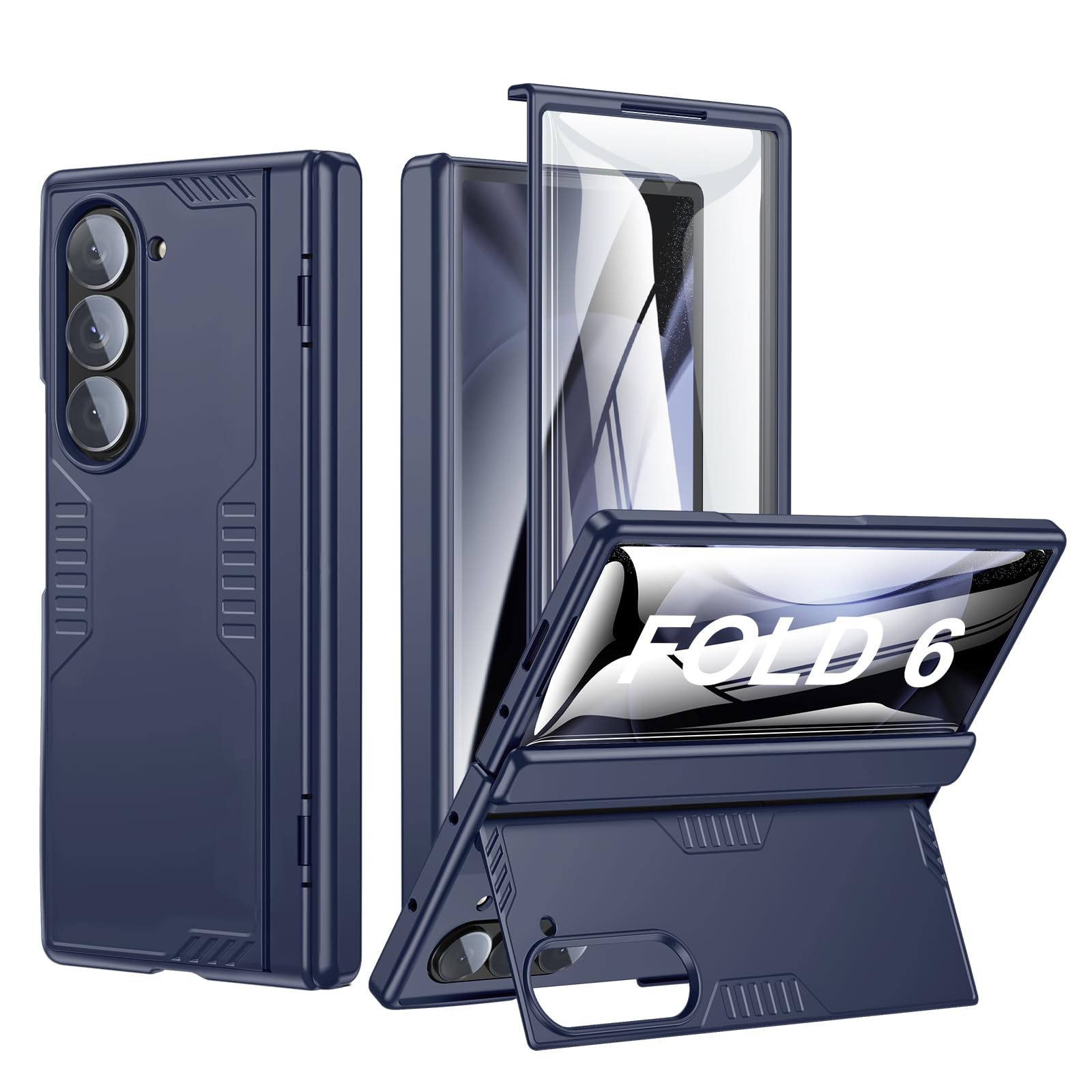 Kaiiecal for Samsung Galaxy Z-Fold-6 Case: [Hidden Kickstand][Wireless Charging] Slim Hinge Lightweight Stand Case with Screen Protector (Navy Blue,