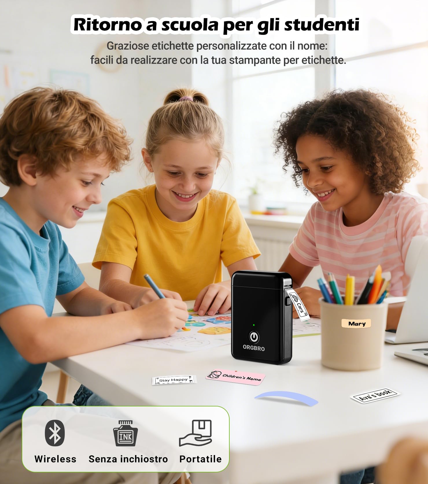 ORGBRO X1 Etichettatrice Termica Portatile Bluetooth Stampante Etichette Adesive Senza Inchiostro Compatibile iOS Android Nero