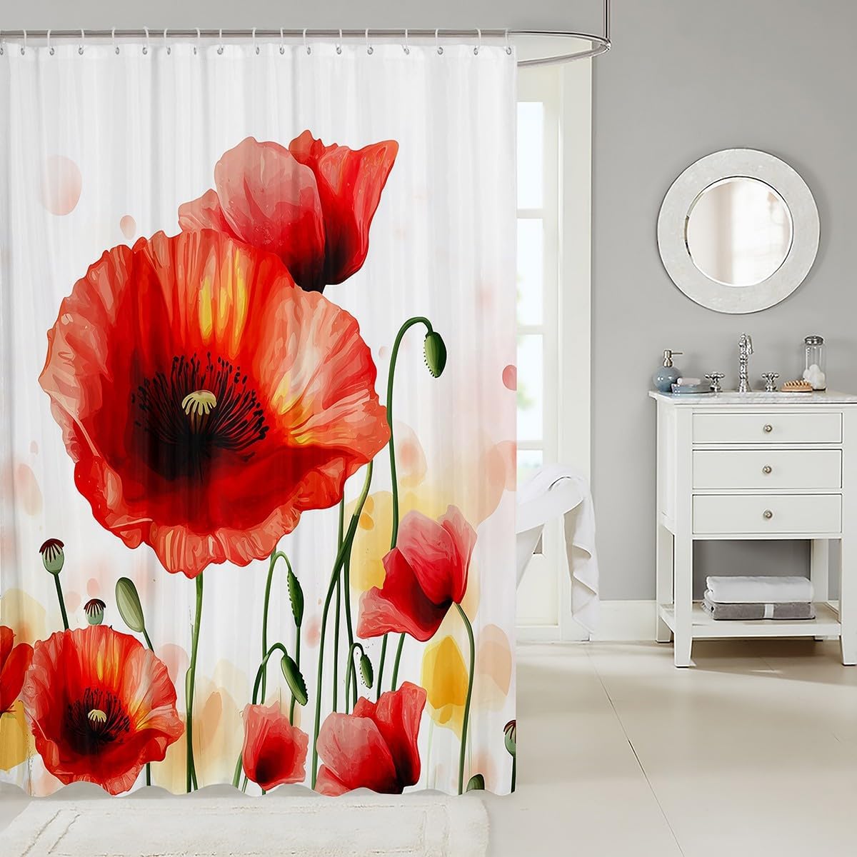 Erosebridal Poppy Shower Curtain, Red Flower Petal Bath Curtain for Kids Boys Adult Women, Floral Nature Garden Theme Decor Collection, Cloth Fabric Bathroom Decor Set with Hooks, 72" W X 78" L