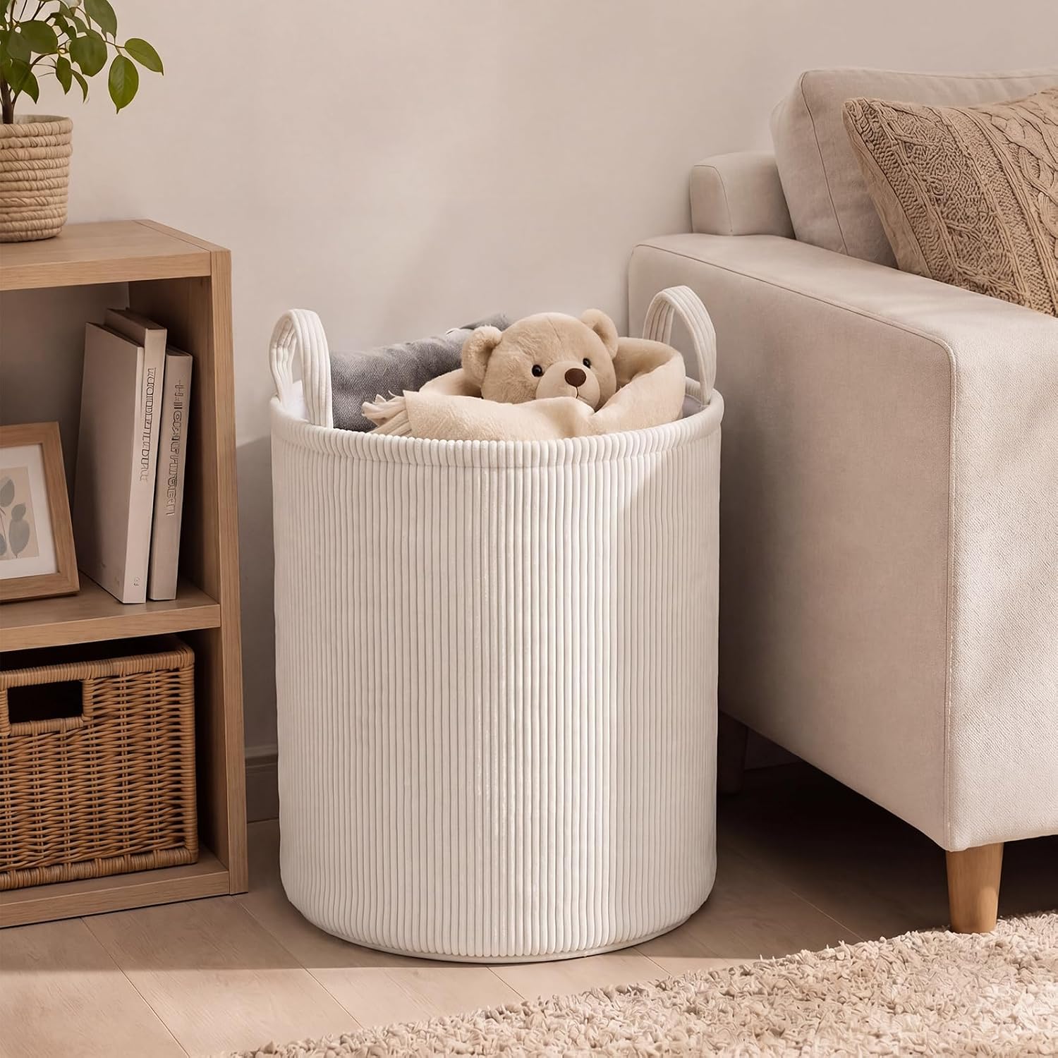 Novabright Beige Large Laundry Basket, 60l Corduroy Clothes Hamper with Handle for Blankets Toys, Tall Decorative Nursery Laundry Storage Basket for Bedroom Living Room
