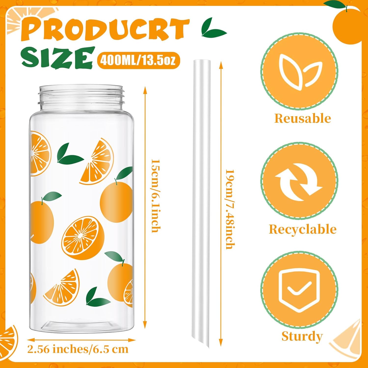 Vesici 24 Pcs Orange Cute Party Tumblers Bulk Reusable 13.5 oz Clear Plastic Cups with Straw and Lid for Summer Fruit Citrus Birthday Baby Shower Gender Reveal Favor Supplies