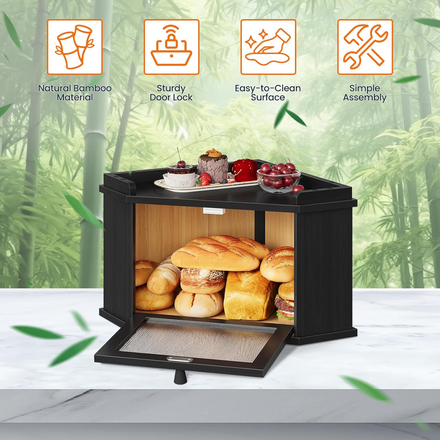 HOOBRO Bamboo Bread Box, Kitchen Countertop Corner Bread Box, Bread Bin with Rippled Acrylic Door, Bread Storage Container, Food Storage Box for Kitchen, Dining Room, Pantry, Black BK18MB01