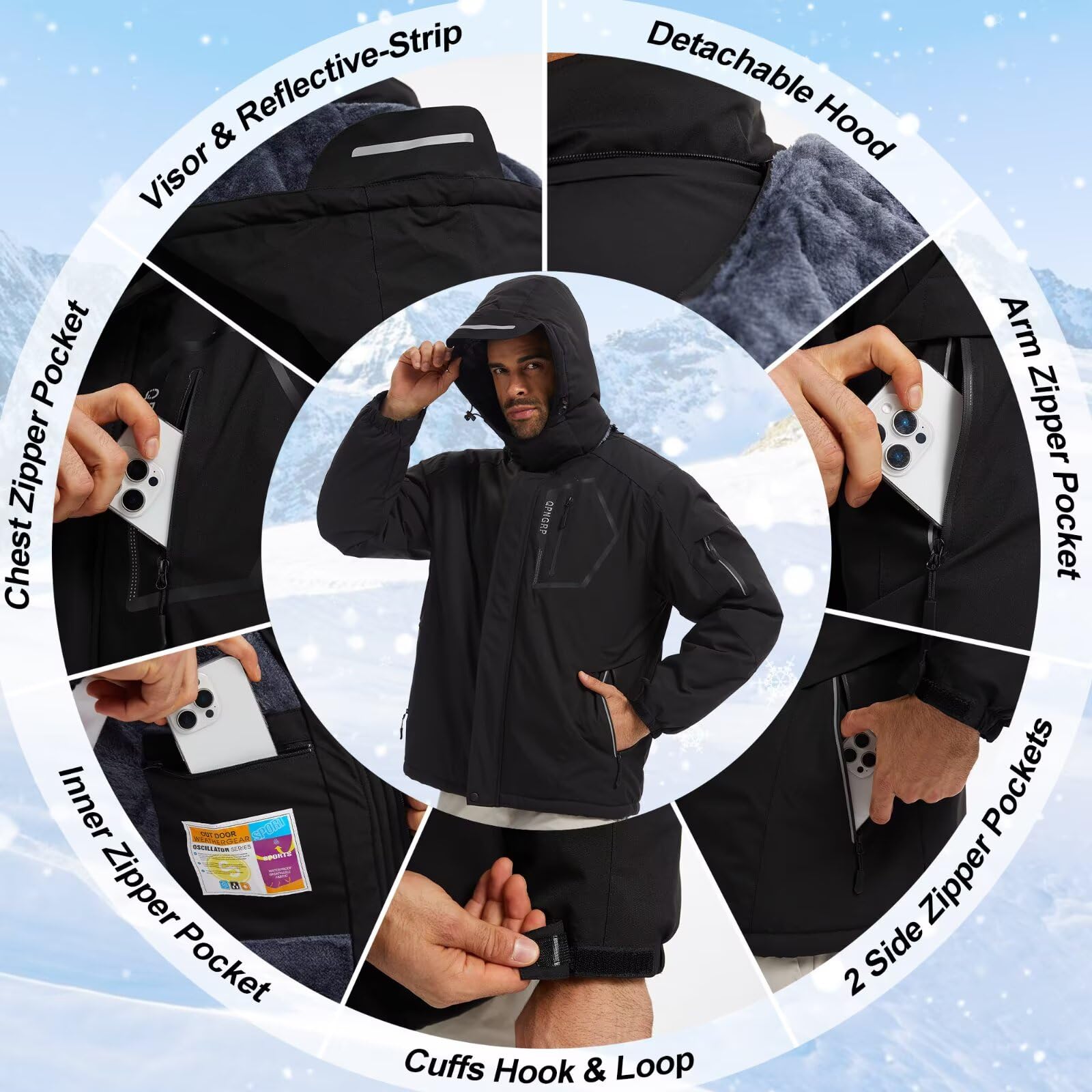 QPNGRP Herren-Skijacke, wasserdicht, isoliert, Wintermantel, 5 Reißverschlusstaschen