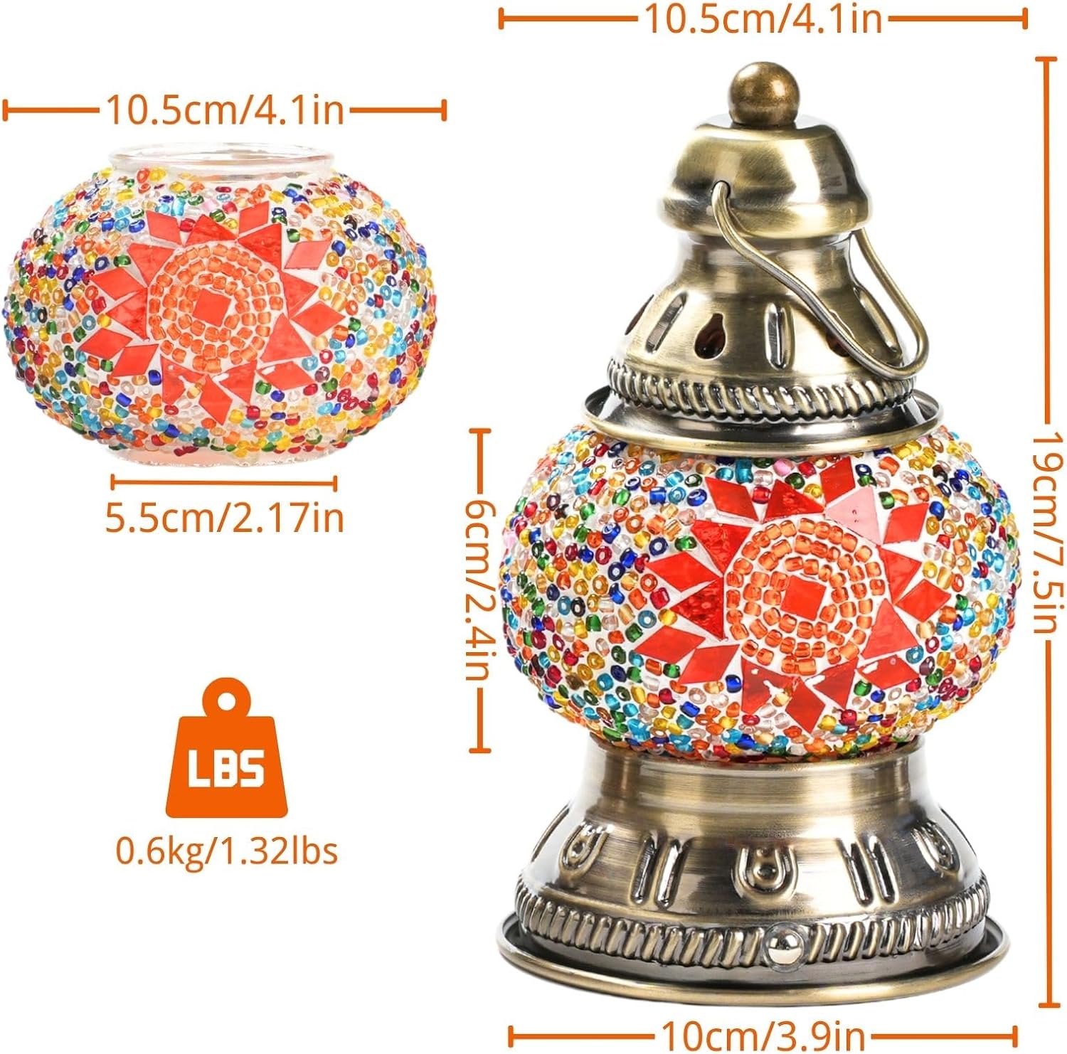Upgraded Rechargeable Turkish Mosaic Lamp - Handmade Moroccan-Style Camping Light with 1800mah Battery, USB Power Bank, Touch Switch & 3 Brightness Levels, 10.5cm Lampshade Sizes