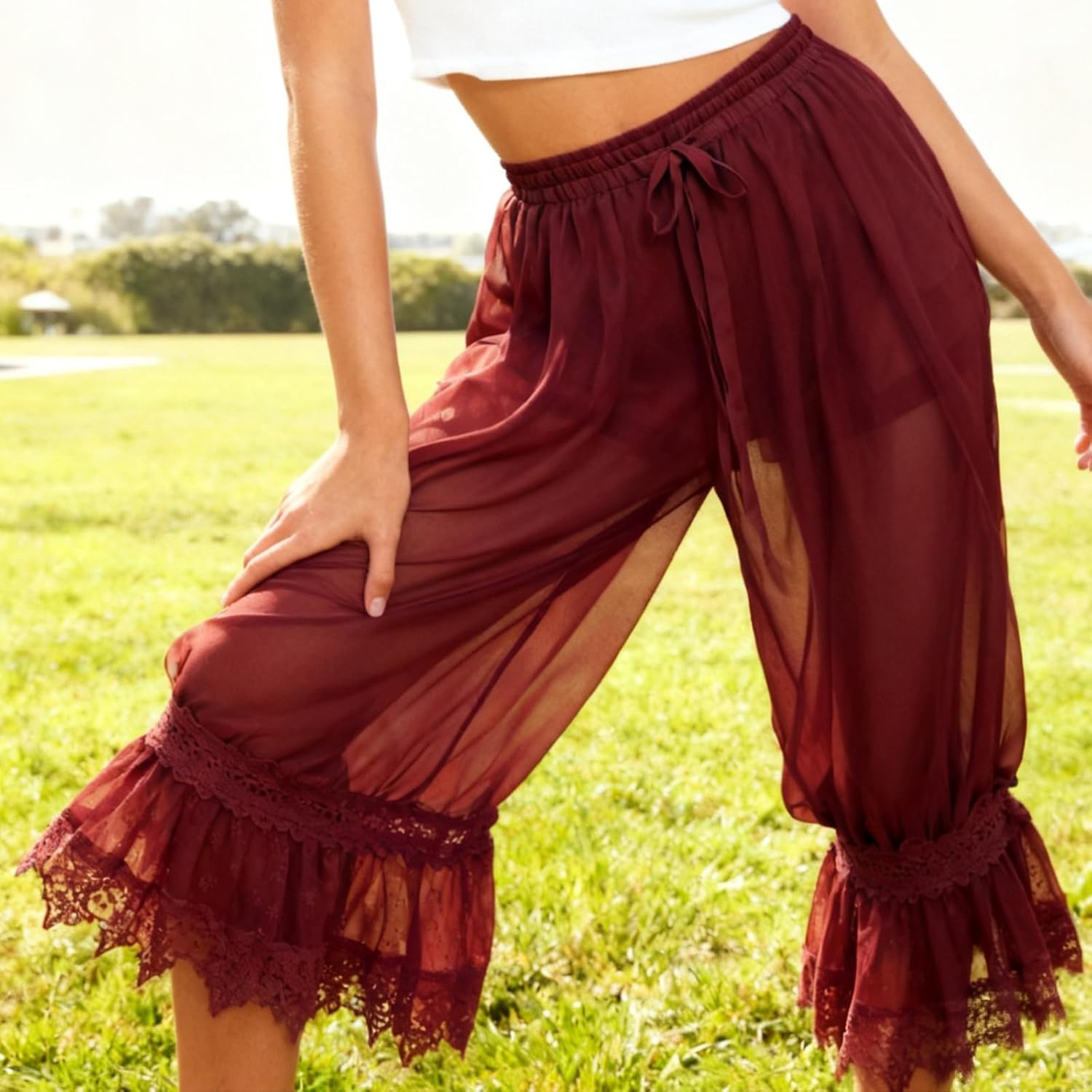 Women Long Bloomer Pants Lace Trim Patchwork Drawstring Elastic Waist Victorian Pajama Pants Lounge Pettipants - Image 2