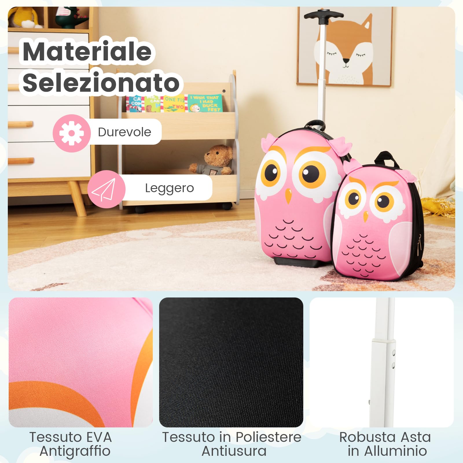 RELAX4LIFE Set 16''+12'' di Valigie per Bambini 2 in 1, 2 Pezzi, Trolly 16''+Zaino 12'', con Ruote Girevoli, Maniglia Retrattile, Zaino con Piedini in Plastica (Gufo)