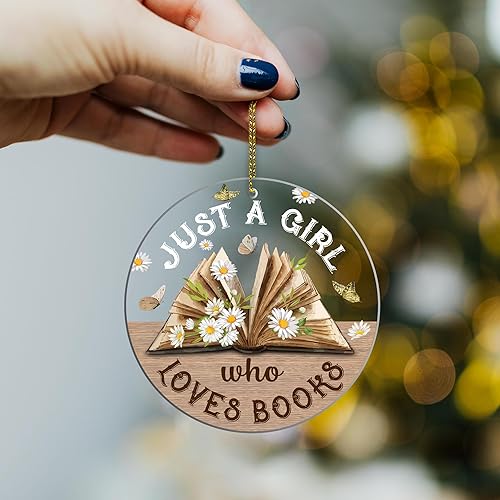 Hyturtle Just A Girl Who Loves Books Adorno de Navidad para amantes de los libros, estampado vintage, ratón, Bookish Noel, decoración del hogar,