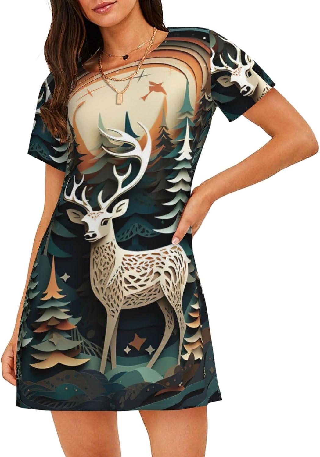 Casual Christmas Deer Print Print Pajama Dress For Ladies,Women Short Sleeve Nightgown,Soft Comfortable Sleepwear