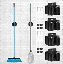 4-Pack Broom Holder Wall Mount, Heavy Duty Stainless Steel Tool Organizer Rack for Rake, Shovel Handles, Wall Mounted Utility Rack with Screws (Black)