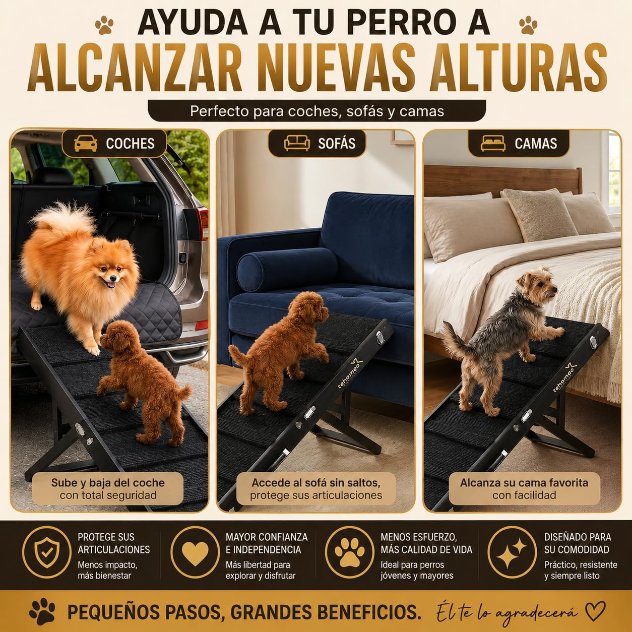 TEHORNEO Rampa para Perros, Rampa para Perros Cama 4 Alturas Ajustables 25 cm a 41 cm, Rampas para Perros hasta 20 KG con Almohadilla Antideslizante, Dog Ramp, Ramoa para Perros, Dog Ramp for Bed