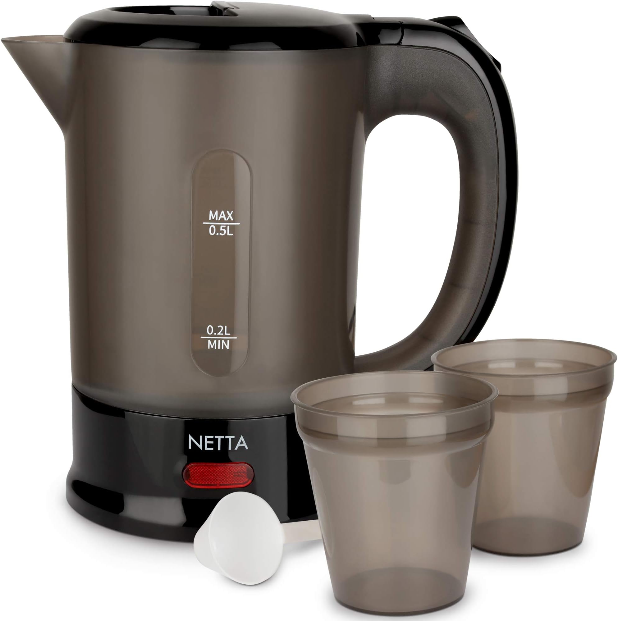 NETTA 0.5L Travel Kettle with 2 Cups – Lightweight and Space-Saving – Boil-Dry Protection and Auto Shut-Off – Ideal for Caravans, Suitcases, Dormitories – Black – 1100W