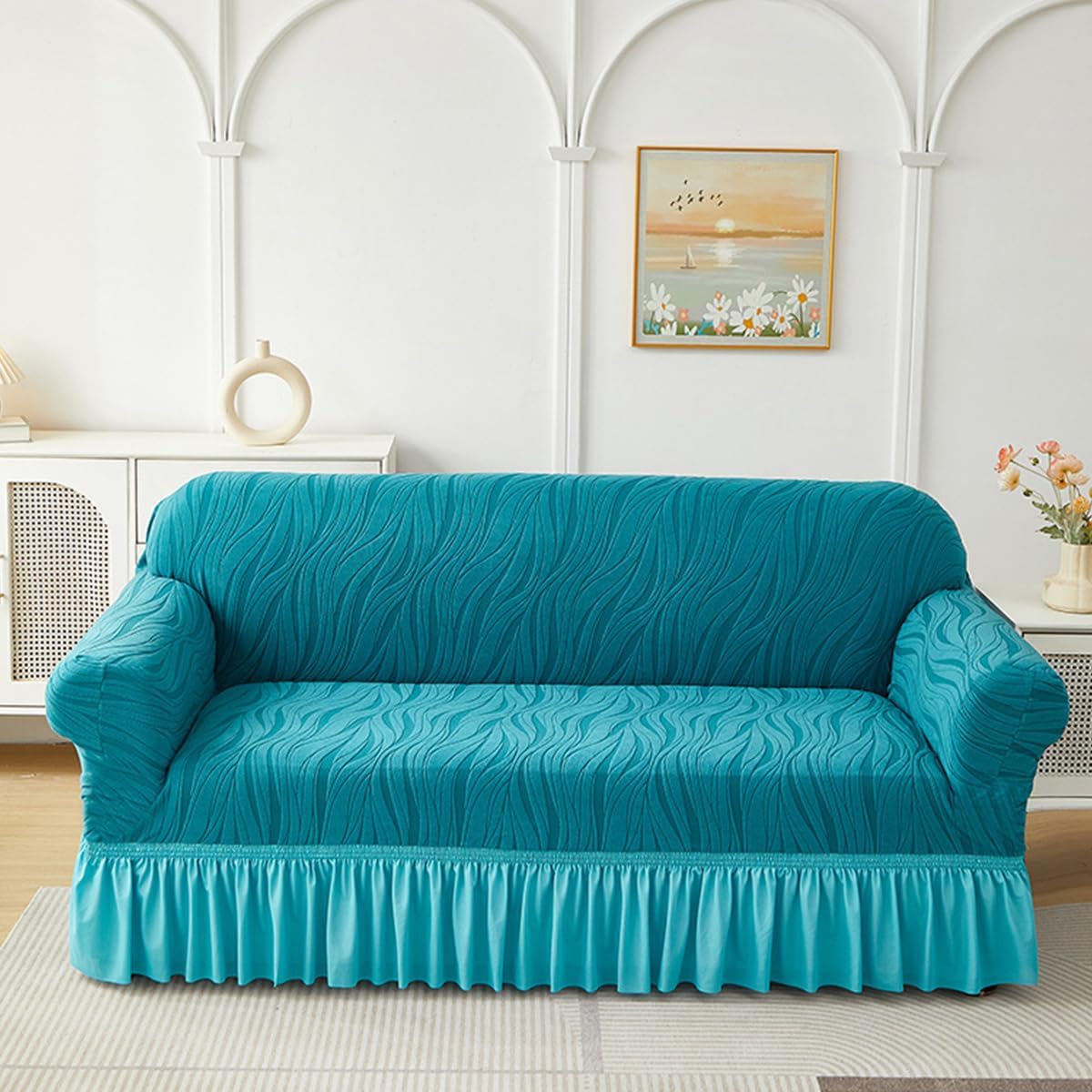 KAIJIE Stretch Polyester Sofa Slipcover Single seat Cushion Couch Cover with Skirt There is a Striped Pattern Washable Stretchable Easy Fit Universal Furniture Protector（Camel Color）