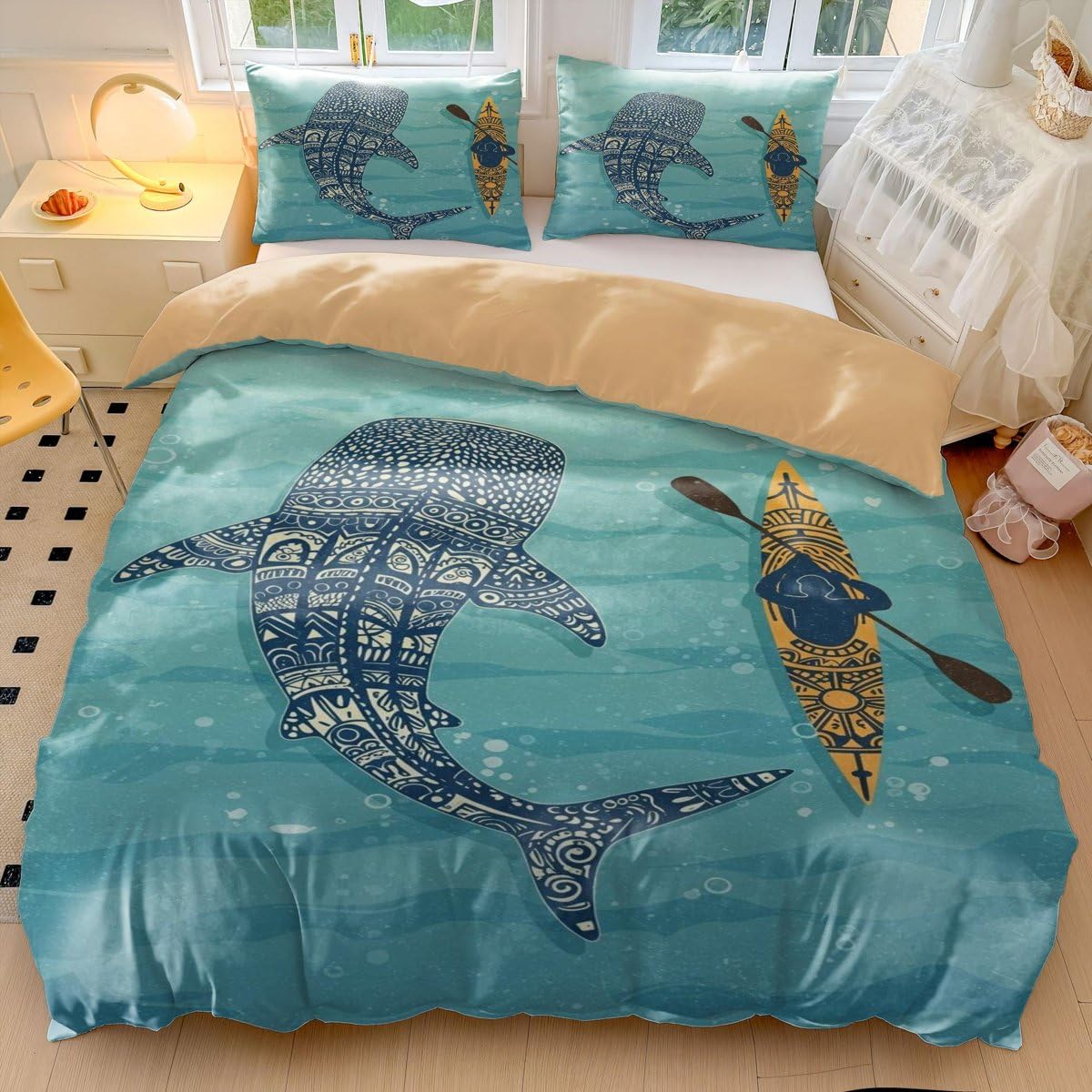 Whale Shark Duvet Cover, Cartoon Ocean Bedding Set Double, Dark Blue Under The Sea Bedding, 3 Pcs Comforter Cover, Kids Bedroom Decor (05,Single135x200cm+50x75cm*2)
