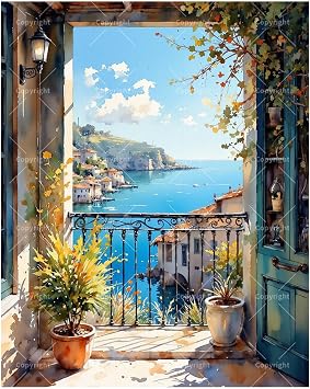 Calm Seaside Balcony Paint by Numbers Kit for Adults - DIY Picturesque Balcony Waterfront Painting on Canvas 16x20 Inches, Acrylic Paint Set for Beginners, Coastal Art for Home Decoration or Gifts
