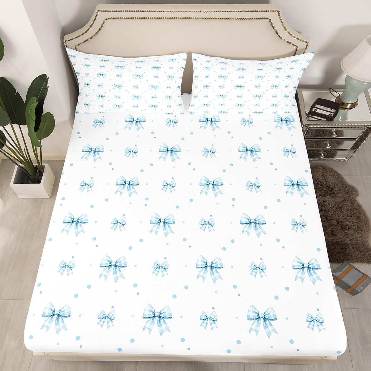 Erosebridal Kawaii Blue Bowknot Fitted Sheet Full Size, Cute Bow Tie Microfiber Bed Sheets for Kids Girls Lady, Girly Ribbon Print Bed Cover for Bedroom, Dots Dreamy Princess Bedroom Accessories