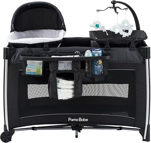 Pamo Babe 4 in 1 Portable Baby Crib Deluxe Nursery Center, Foldable Travel Playard with Bassinet, Mattress, Changing Table for Newborn, Infant, Toddler(Black)