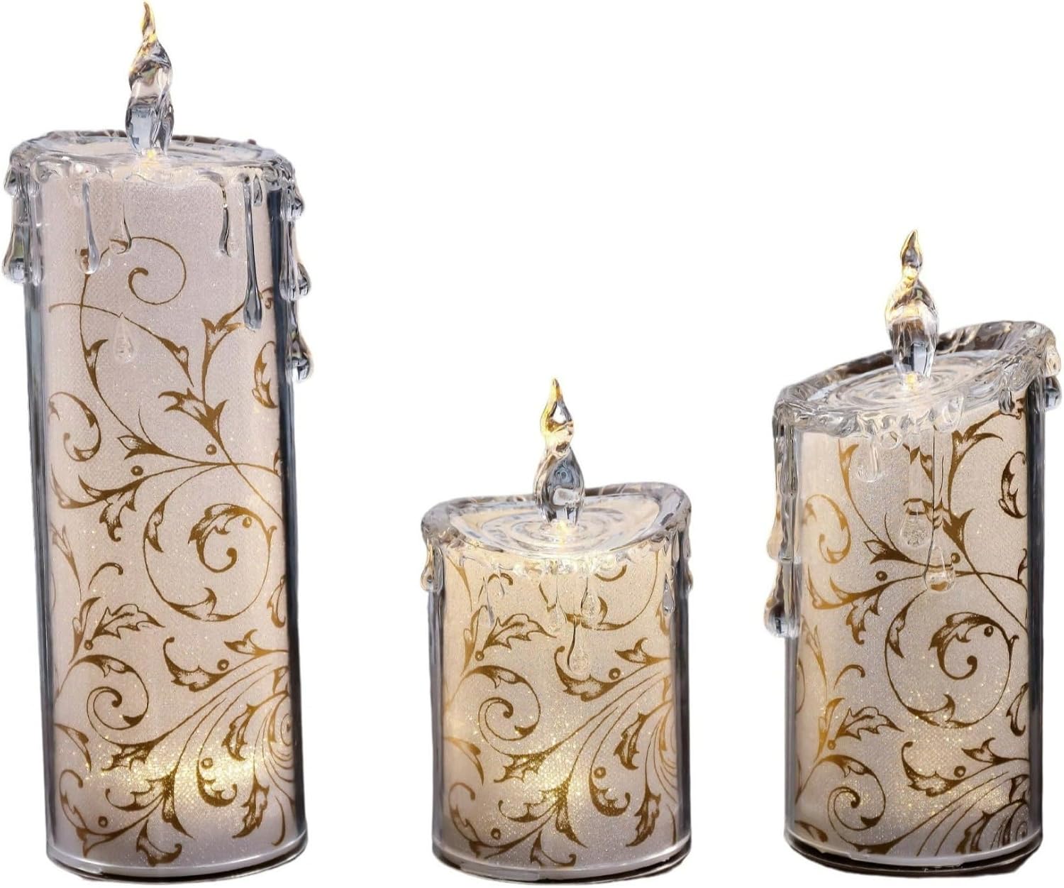 Icy Giftware LED Lighted Glitter Swirly Leaves Candles - 9.5" - Gold and White - Set of 6