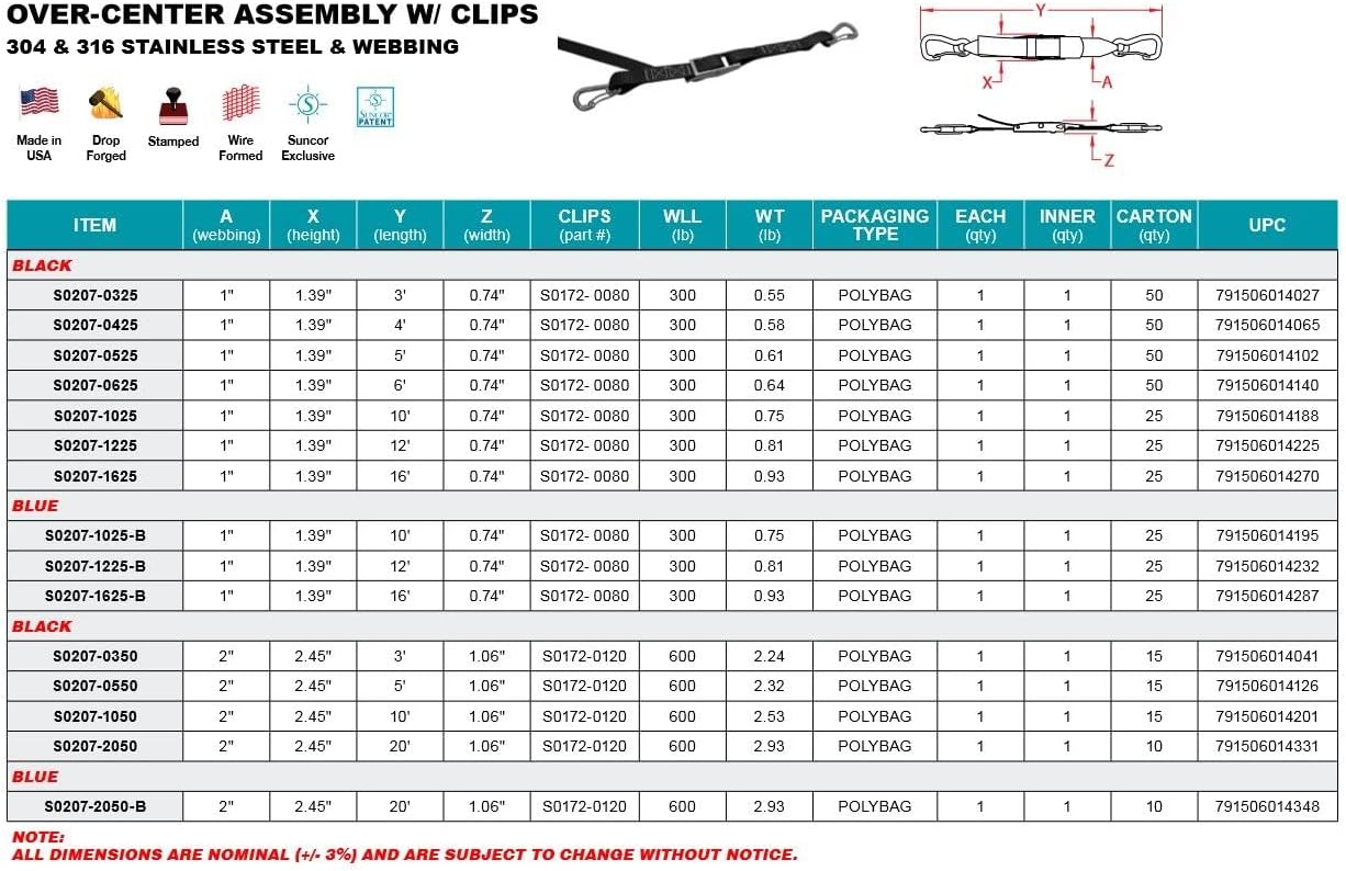 Stainless Over Center Assembly TIE Down W/Clips, Black 1"X12"X6', 304/316