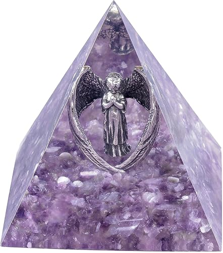 Miniatura 1 de Yatming - Pirámide de cristal de amatista de orgón con figura de ángel rezando de cobre, generador de energía positiva de ángel de la guarda
